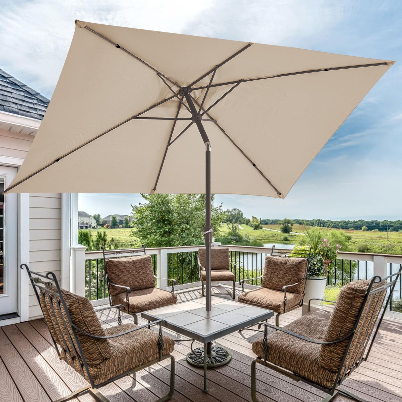 Amazon.com : JEAREY 6.5x10 ft Rectangular Patio Umbrellas Rectangle Outdoor  Umbrella with Push Button Tilt and Crank, Market Table Umbrella 6 Sturdy  Ribs UV Protection for Poolside Garden Backyard Deck, Beige :