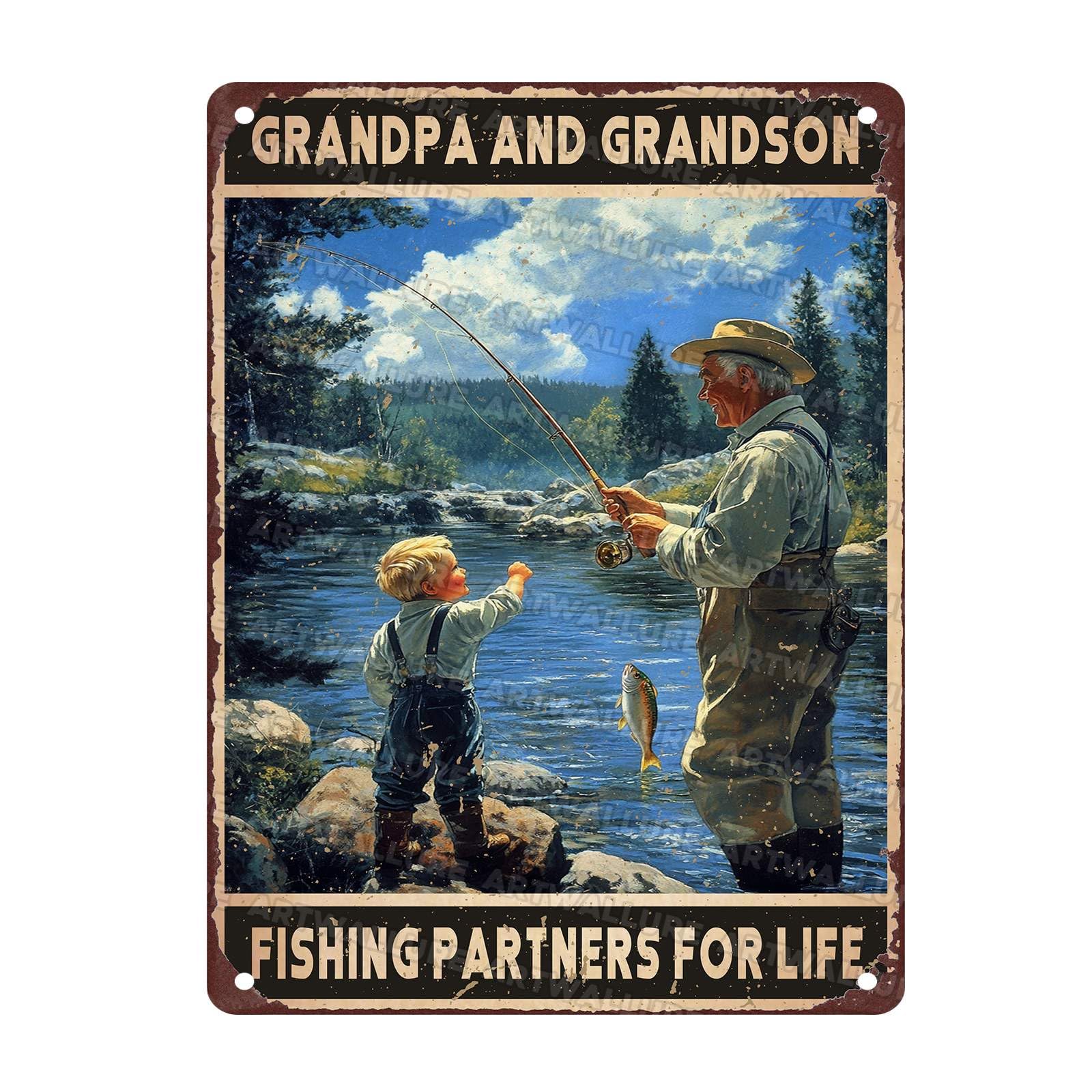 Vintage Fishing Metal Sign Grandpa And Grandson Fishing Partners For Life Metal Poster Home Kitchen Garden Bar Pub Coffee Man Cave Aluminium Sign Art Wall Decor Plaque 12x16Inch