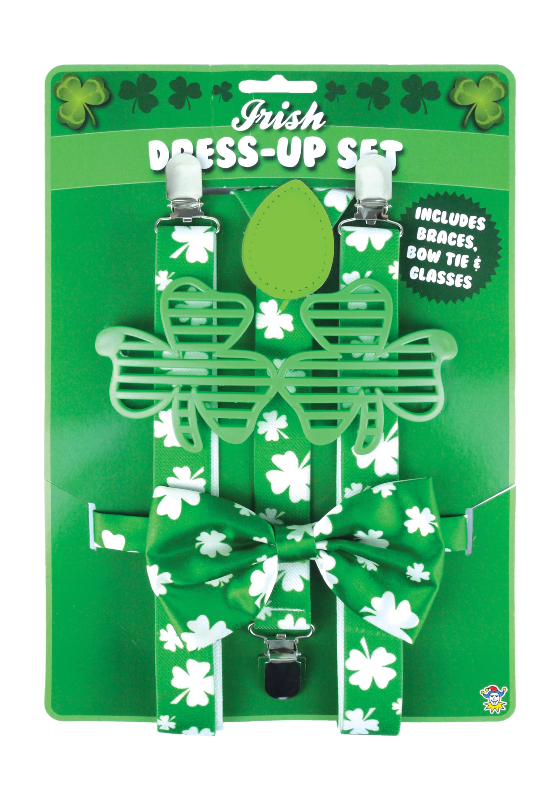 Deluxe 3Pcs Irish Dress Up Set St. Patrick's Day Novelty Fancy Dress (Braces, Glasses and Bow)