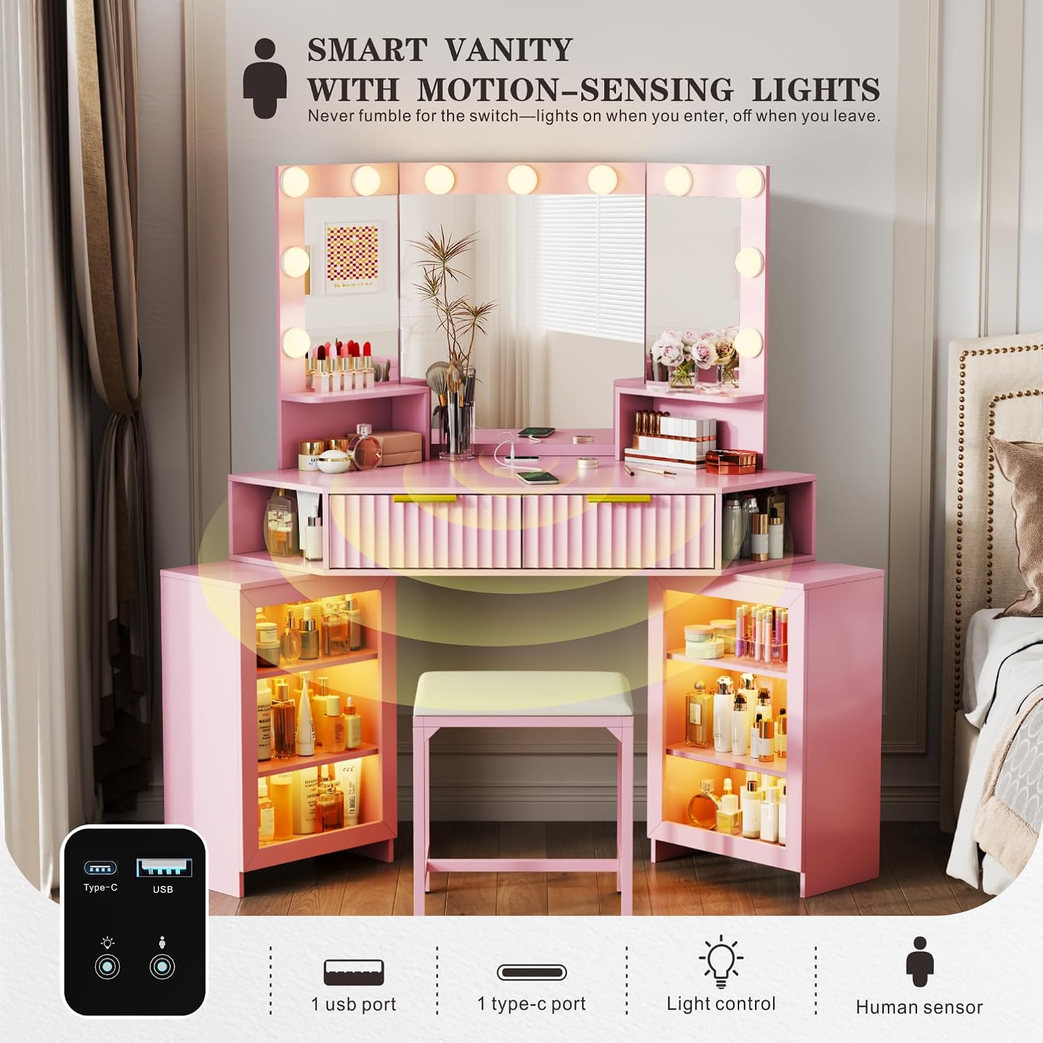 Vanity Desk with LED Lights Mirror & Power Outlet – Corner Design, Makeup Vanity Table Set with Storage Drawers & Chair, 3 Lighting Modes for Living Room/Bedroom, Ideal for Gift (Pink)