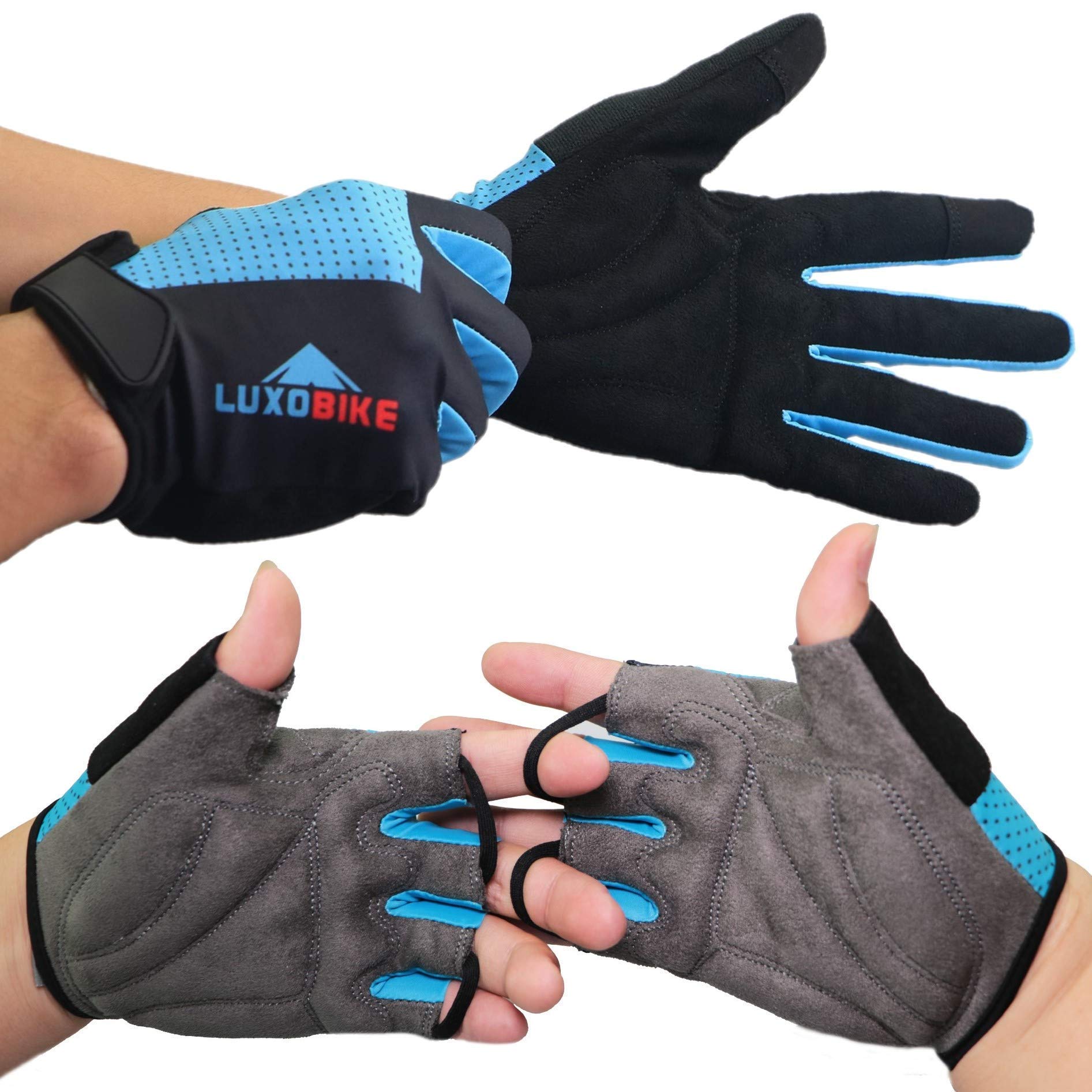 LuxoBike Blue - Size Medium - 2 Pair - Half and Full Finger Cycling Gloves Bundle