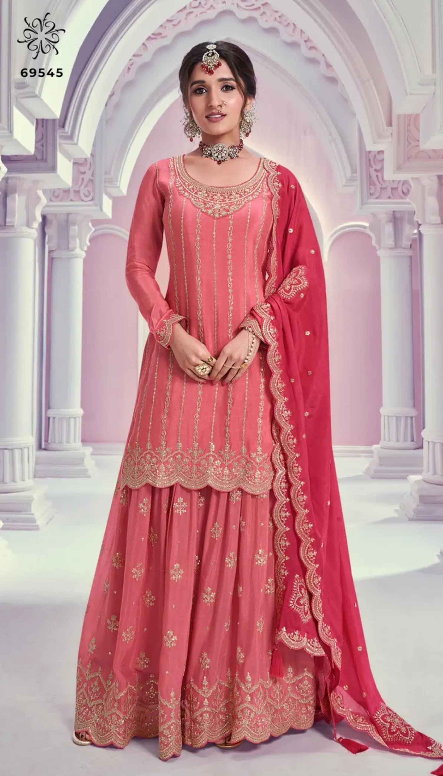 Damski brzoskwiniowy różowy czysty Chinon designerski zestaw garniturowy Sharara z Dupatta