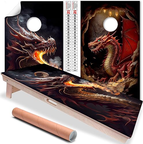 Juego de 2 fundas de vinilo profesionales para tablero de Cornhole - Calcomanías de Cornhole de dragones de fantasía feroces para cubiertas de
