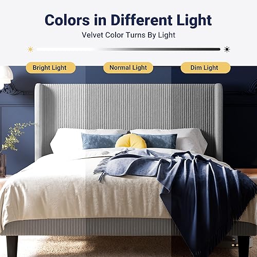 Miniatura 8 de Allewie Base de cama tamaño Queen con cabecera tapizada con respaldo de ala, cama de plataforma de terciopelo de pana de canal vertical, soporte de