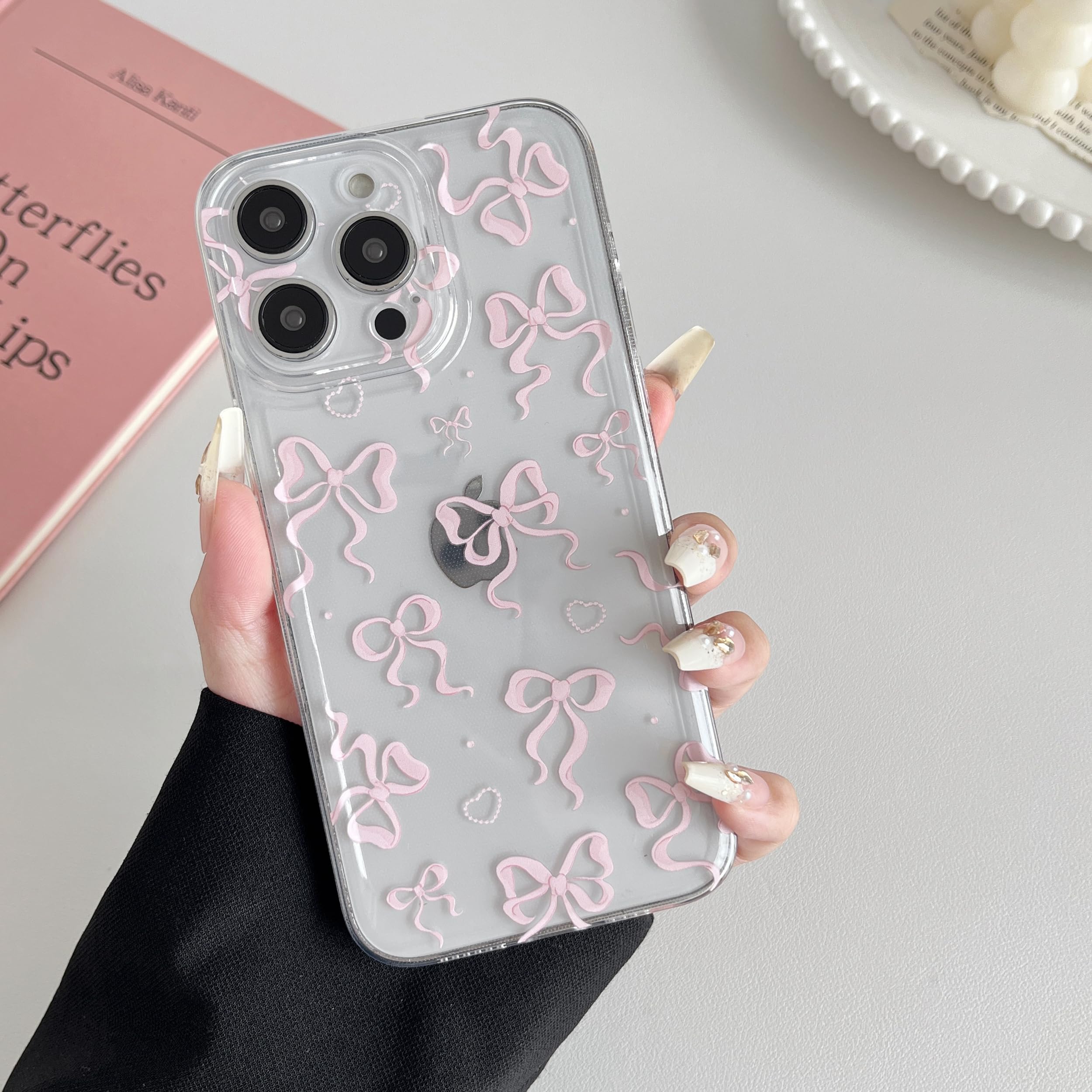DEFBSC Case for iPhone 15 Pro Max, Clear Cute Bow Pink Ribbon Aesthetic Pattern Case for Women Girls Durable Slim Soft Transparent TPU Phone Cover