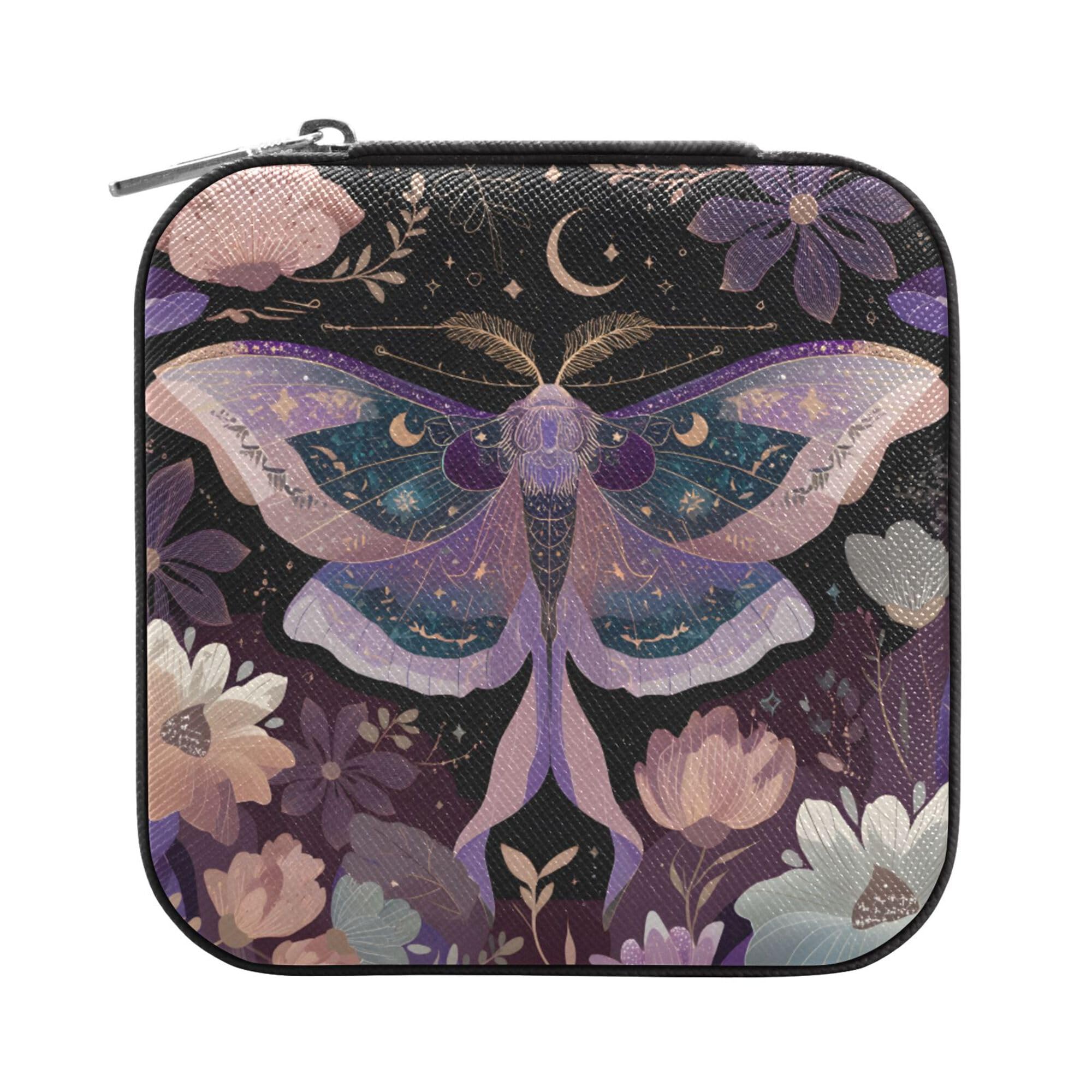MNSRUU Small Jewelry Box Storage and Organizer Mauve Moths Mini Travel Jewelry Case Portable Earring Ring Organizer Boxes for Women Girls, Black