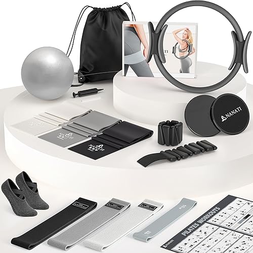 NANATI Pilates Kit, Pilates Essentials Kit for Women Home Workouts, Pilates Equipment with 14.5" Pilates Ring and Ball,7 Resistance Bands,Ankle
