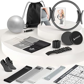 NANATI Pilates Kit, Pilates Essentials Kit for Women Home Workouts, Pilates Equipment with 14.5" Pilates Ring and Ball,7 Resistance Bands,Ankle Weights,Sliders & Grip Socks for Beginners