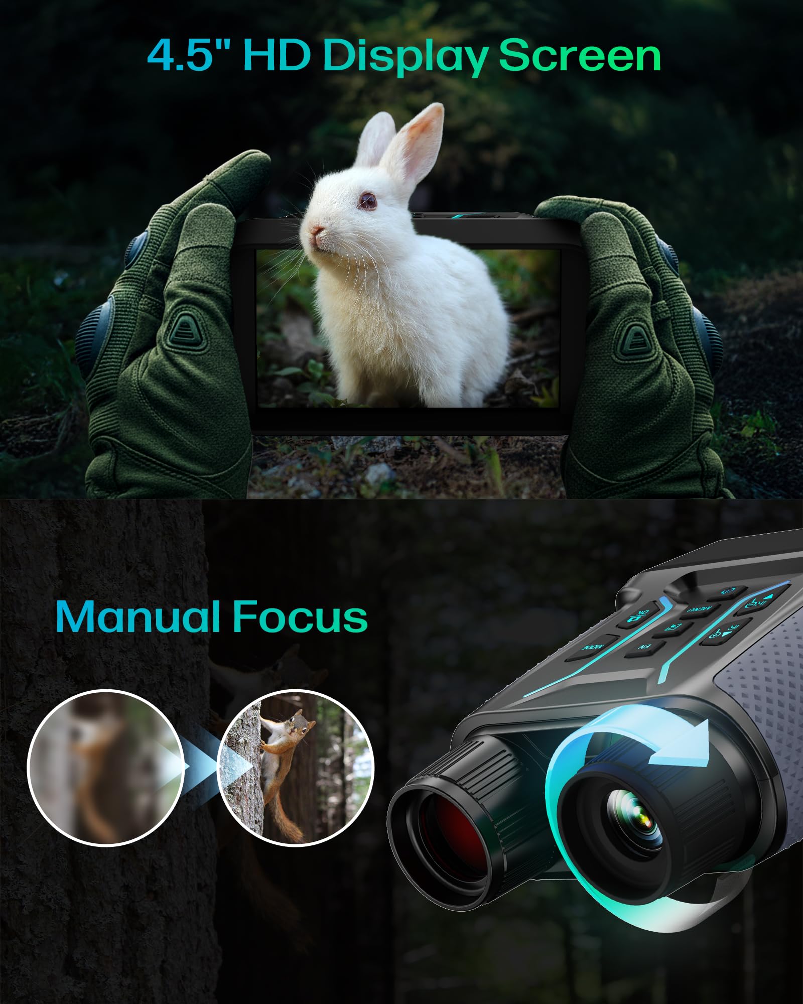 Binocolo Visione Notturna 4K, 36 MP Visore Notturno con Zoom Digitale 8X, Ricaricabile 4500mAh, Display HD da 4,5", Scheda 32GB Carta, 7-Livelli Visione Infrarossa, Perfetto per Campeggio