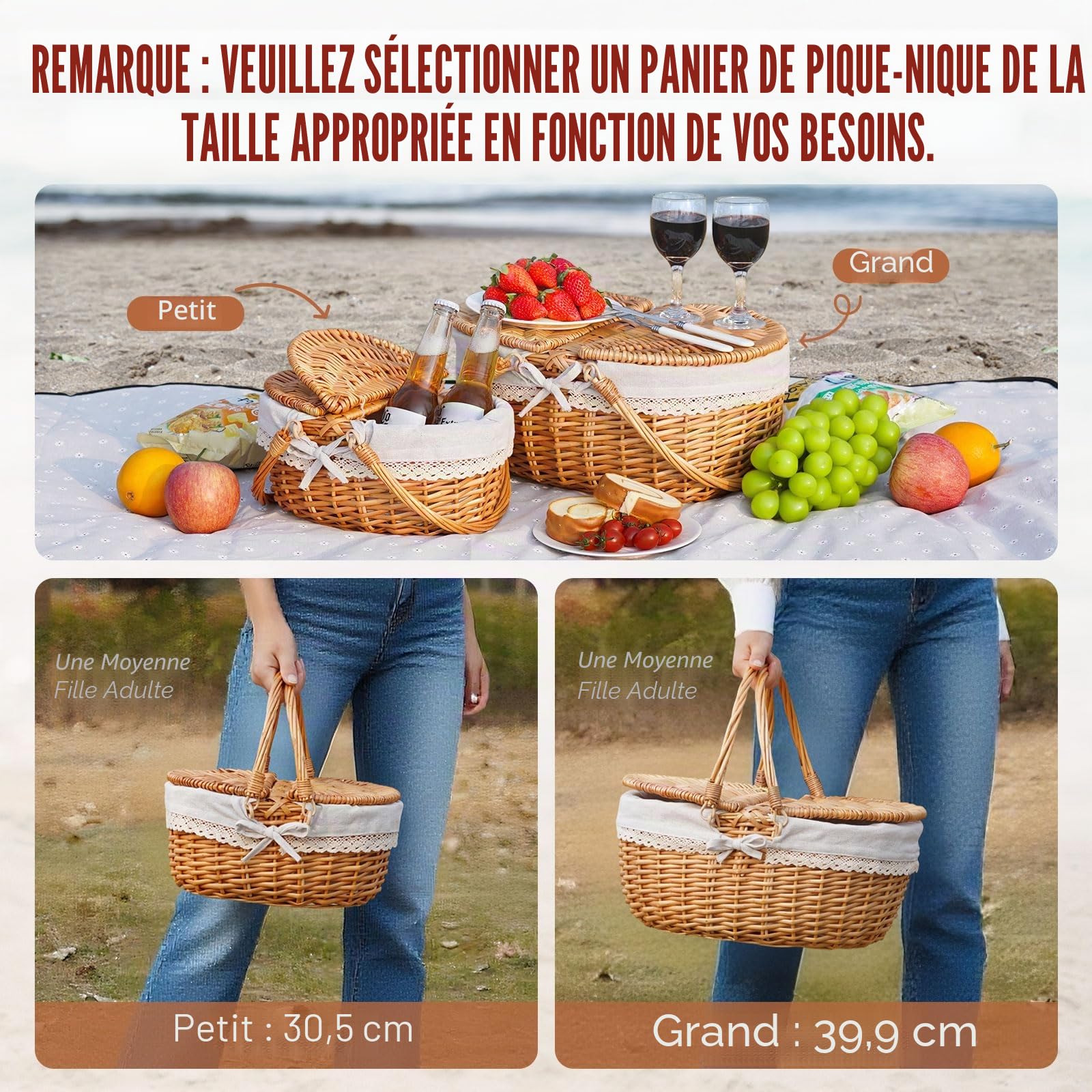 Happypicnic Grand panier de pique-nique vide en osier avec poignée, 38,1 cm avec couvercle et doublure amovible, panier vintage tissé à la main pour pique-niques, camping, cueillette de légumes, fête
