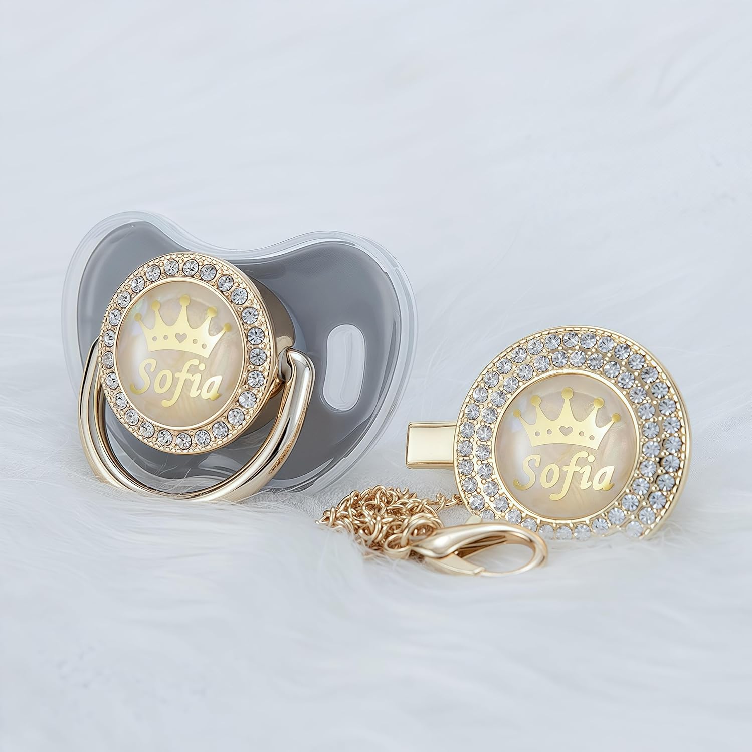 Personalized Name Bling Rose Gold Pacifier and Clip Set Ideal Gift for Baby Shower New Born Photoshoot & Keepsake (Gray)