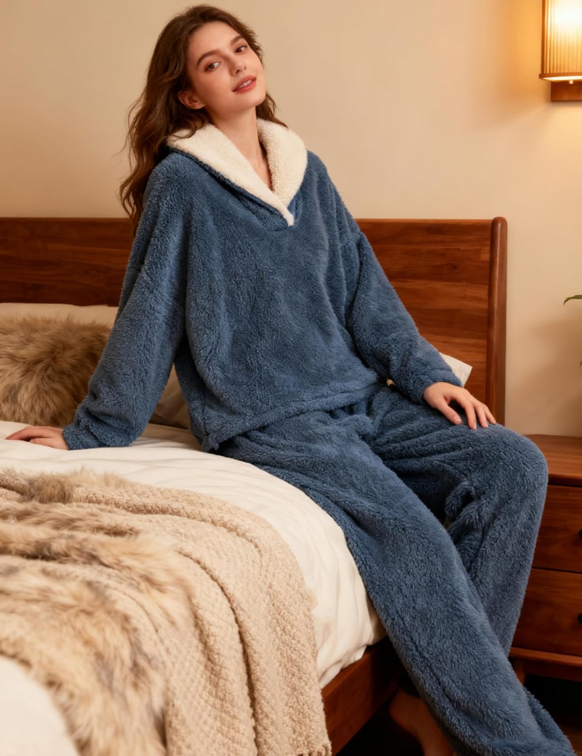 Tanming Womens Fluffy Pajamas Set Fleece Pullover Pants Plush Loungewear Sleepwear