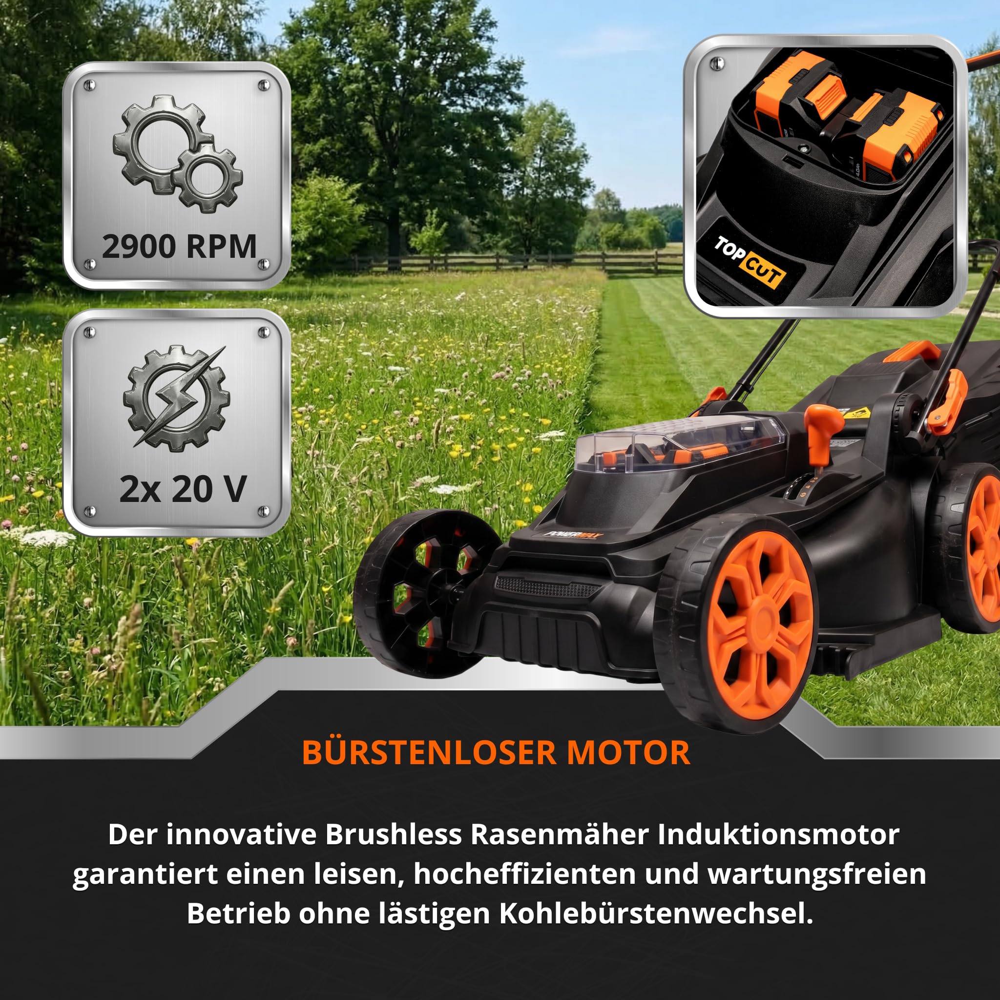 TOP CUT TC-LB-38-40V | Akku Rasenmäher Bürstenlos 38cm | 2X 4Ah Akku Doppel Ladegerät 45L Fangkorb 6 Stufen Schnitthöhe | Leichter Elektro Rasenmäher Schnurlos für Garten und Rasenpflege