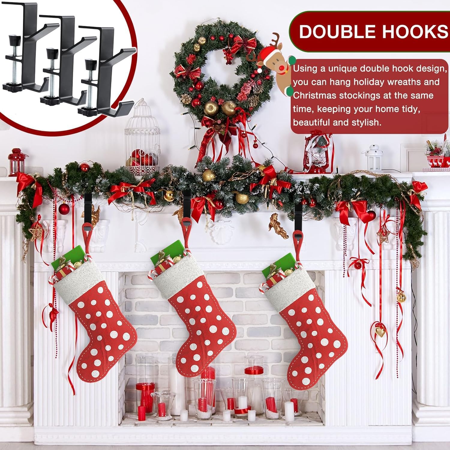 2 in1Christmas Stocking Garland Hanger 2 Hooks Stocking Holders for Mantle Garland Hanger Mantle Hooks for Garland Christmas Stocking Garland Hooks for Xmas Fireplace Garland Mantle,3pcs