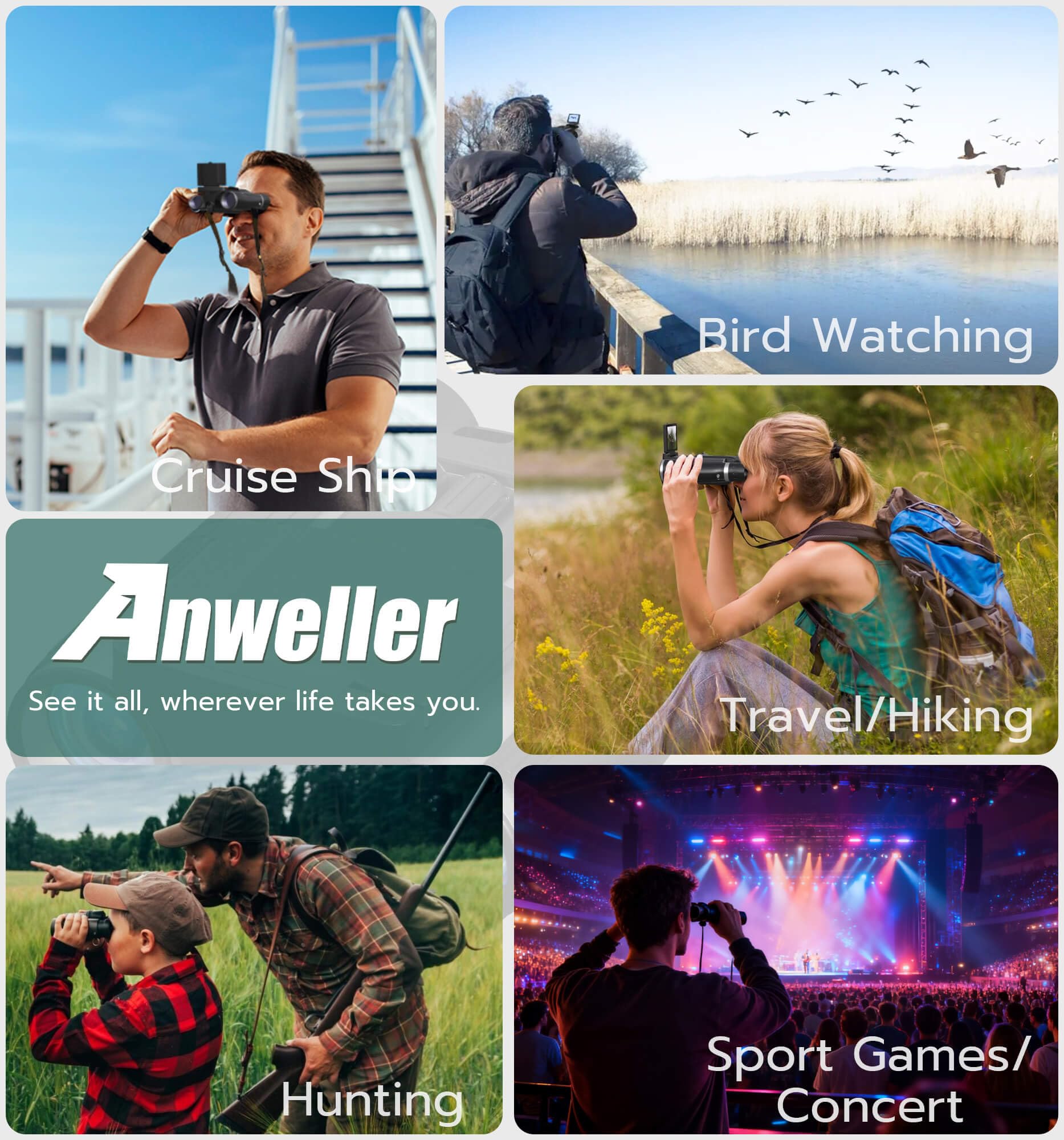 Anweller Binocolo con fotocamera, 12 x 32, ad alta potenza, per adulti e bambini, per bird watching, nave da crociera, caccia, viaggi, escursioni, giochi sportivi, concerti, con scheda da 32 GB