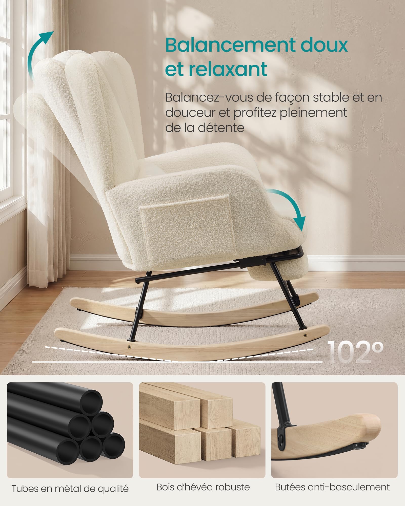 SONGMICS Fauteuil à Bascule, Chaise à Bascule avec Repose-Pieds Escamotable, Coussin Amovible, Poches Latérales, Pieds en Bois, Tissu Peluche, pour Chambre, Salon, Blanc Crème LYY018W101