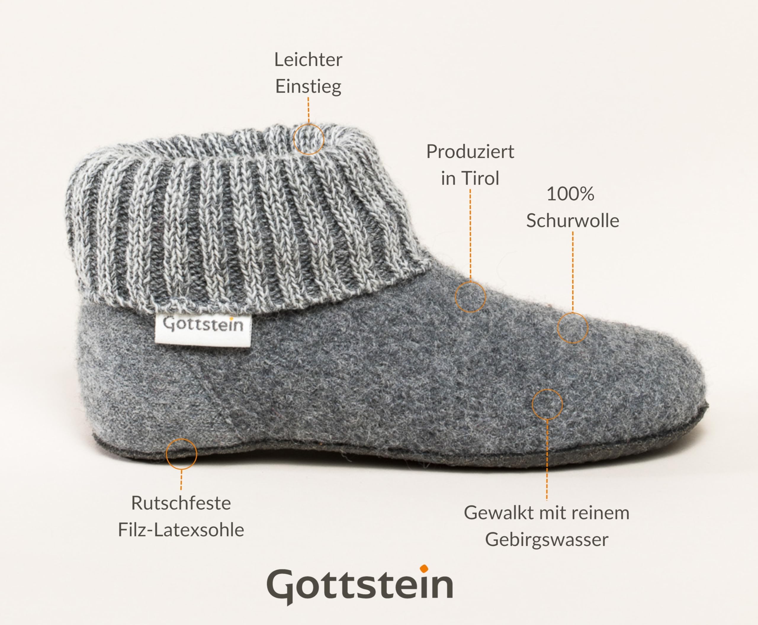 Gottstein Alpine Boot FE - Zapatillas de casa para niños y niñas - suela de látex de fieltro anatómica - 100% lana virgen natural