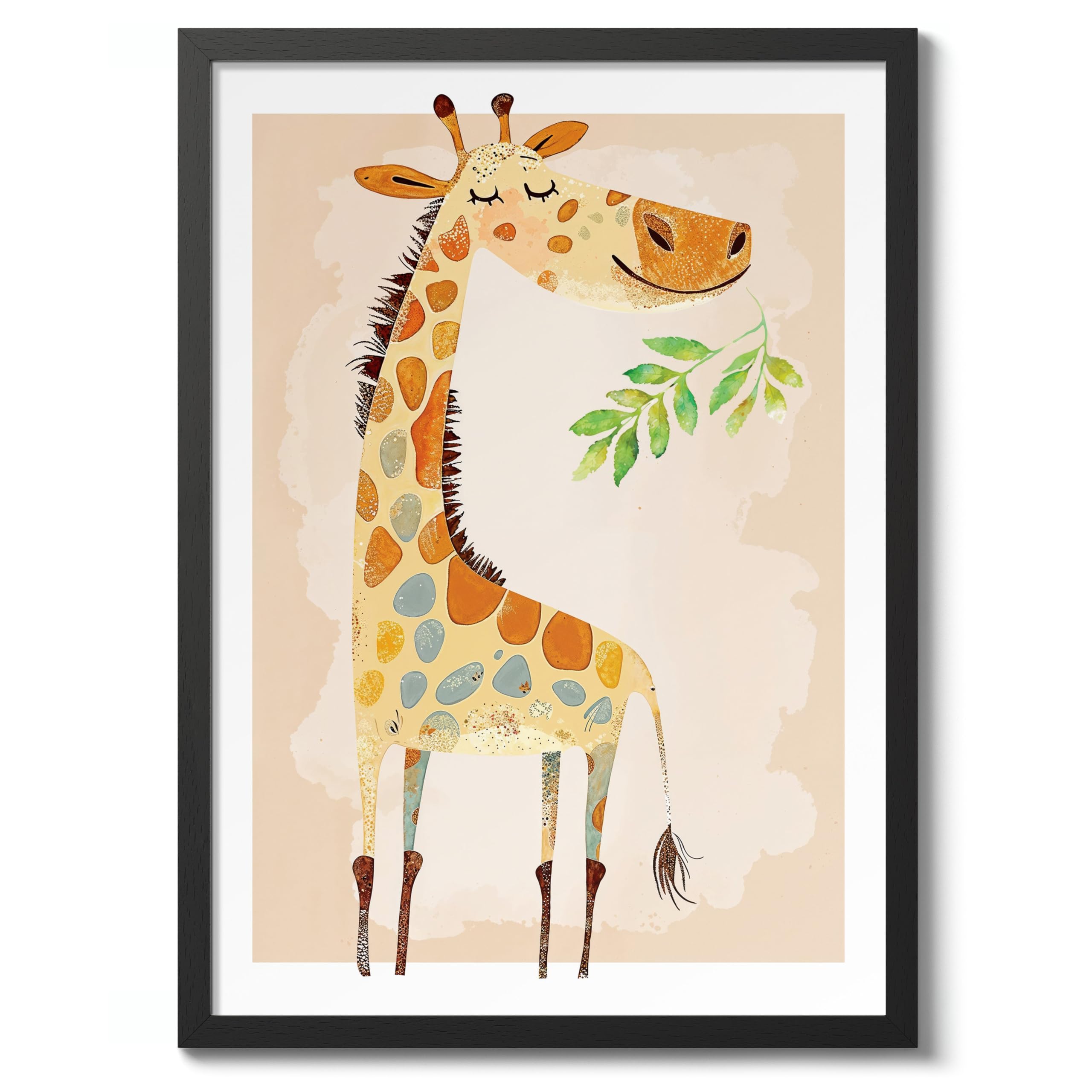 Giraffe Animal Nursery Prints, Baby And Kids Wall Art Bedroom Decoration, Archival Matte, A4 (Black Frame) - 29.7x21cm โ image 1