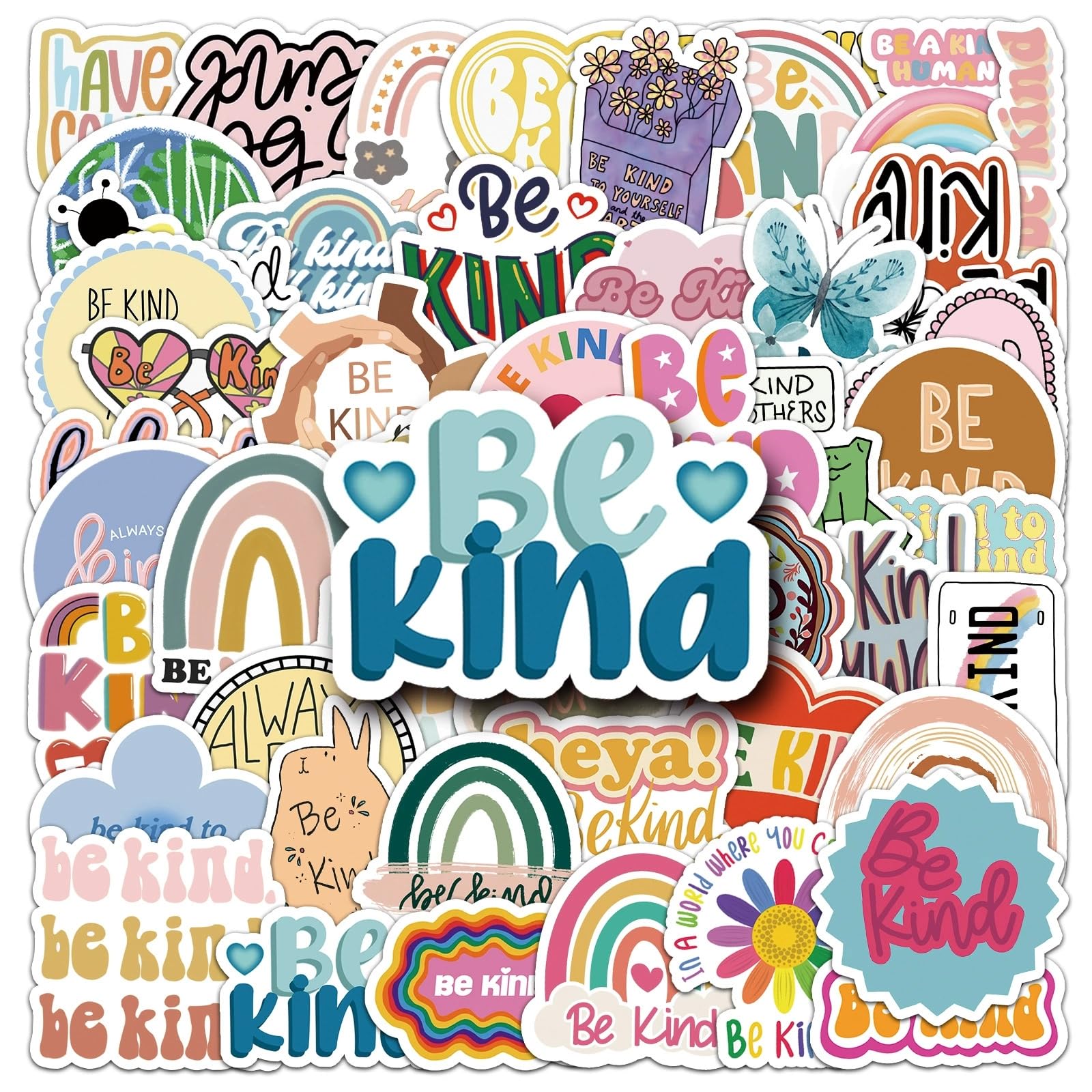 50 Pcs Be Kind Stickers for Water Bottle Waterproof Sticker for Laptop Skateboard Phone Car Decals for Teens Adults for Party Favors Supplies Decor (Friendly Stickers)