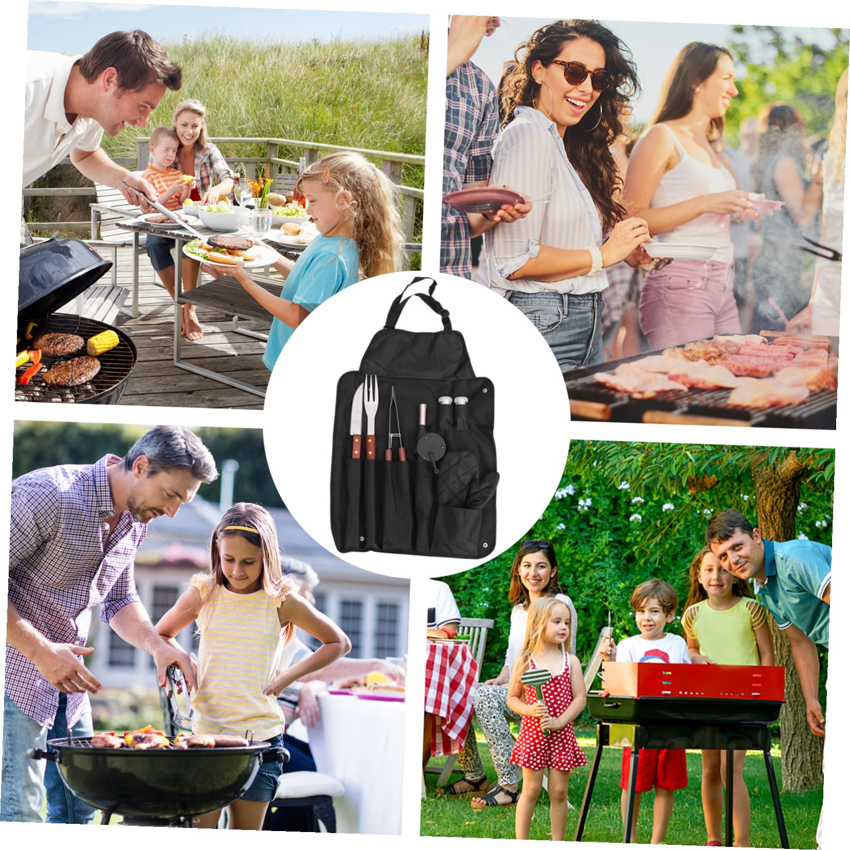 Set Utensili Barbecue in Acciaio Inox Manico Legno | Borsa Inclusa, Nero, Design Compatto, Resistente al Calore, per Barbecue All'aperto e Festa Grill