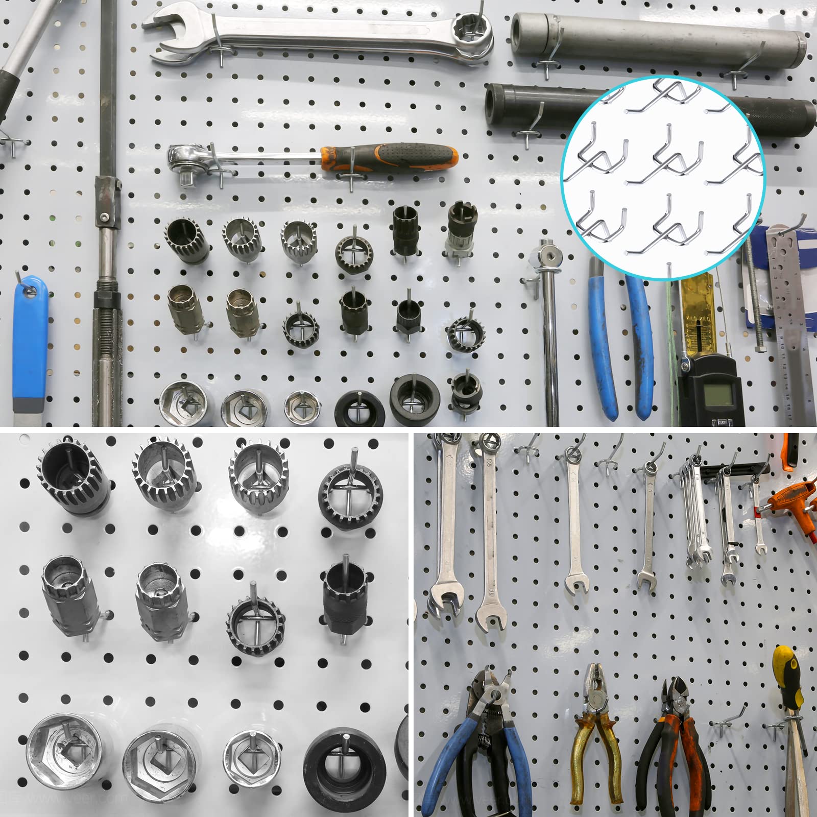 SAVITA 50 pezzi Ganci per Pannelli Forati, Spaziatura Tra i Fori 25 mm 32 mm di Spessore 50 mm di Lunghezza Pegboard Hooks per Espositori da Parete con Pioli Attrezzi Ripostiglio Per Garage (Argento)