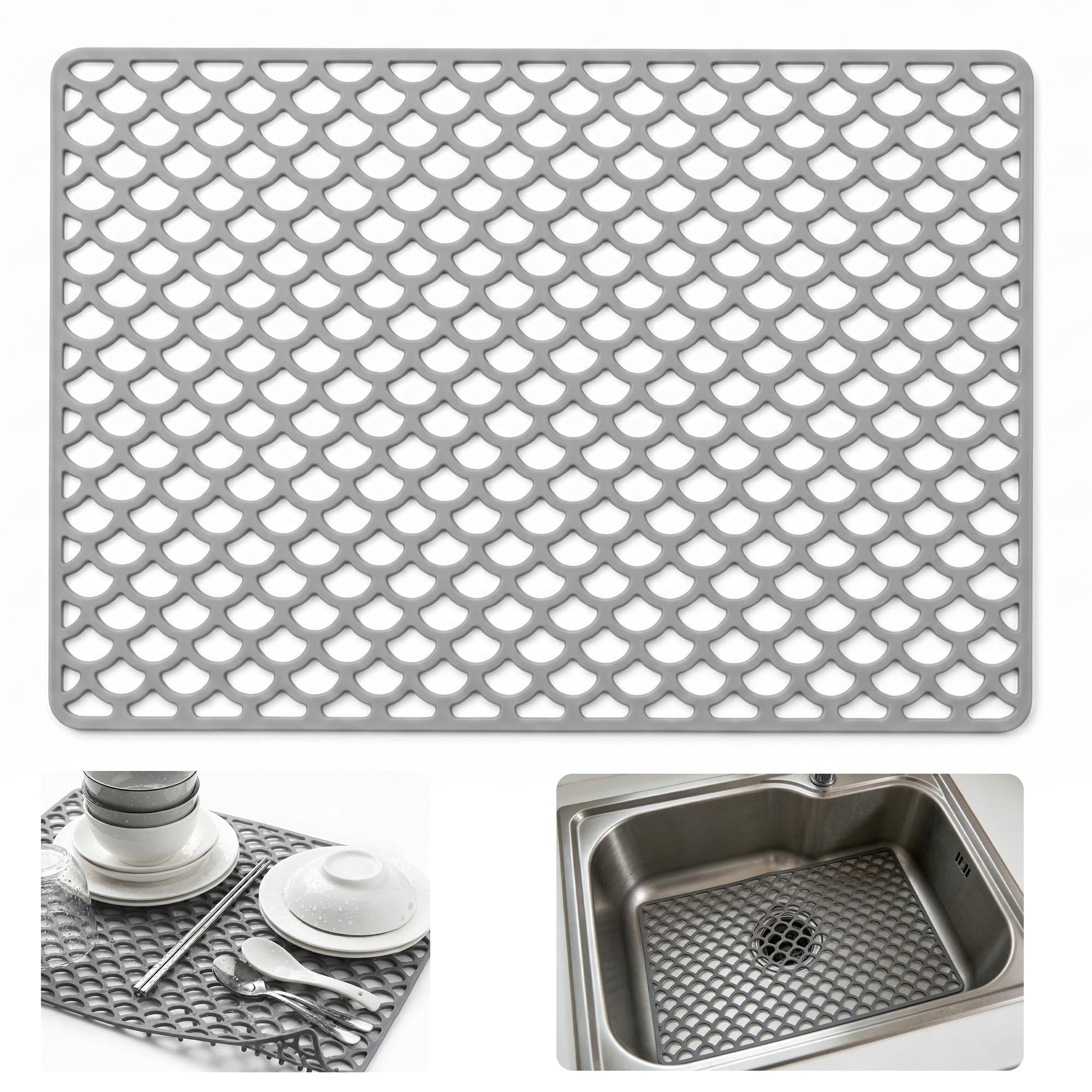 Silicone Sink Protector Mat – Heat Resistant & Trim-to-Fit with Raised Pillars, for Kitchen Sink, Cabinet & Countertop Protection, Grey