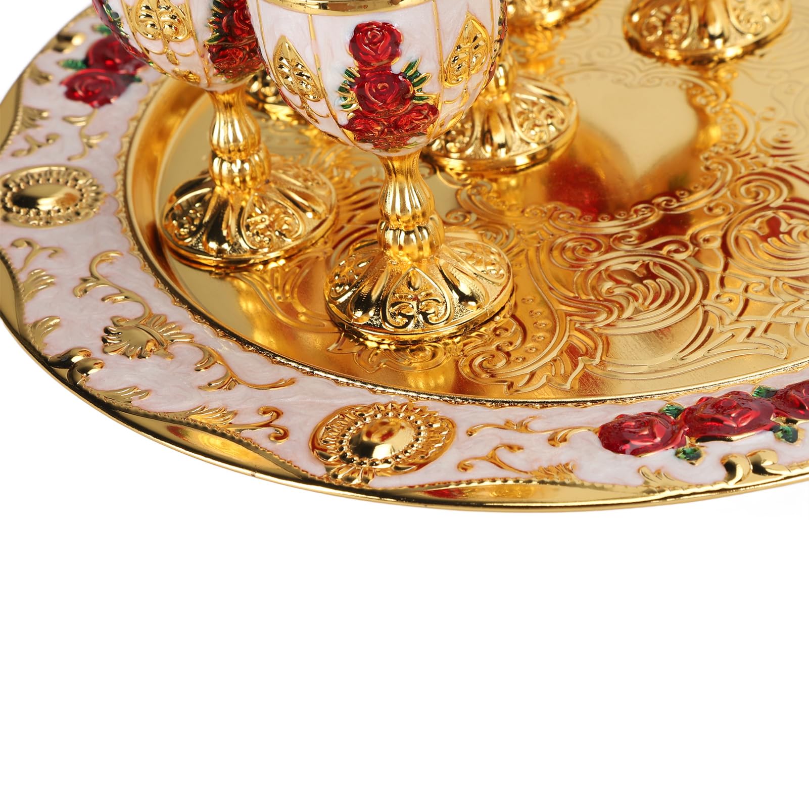 Juego de Café Turco,Juego de Cafetera Turca Vintage de Aleación con Bandeja y 6 Tazas, Decantador de Vino y Vasos, Elegante Set Artesanal para Fiestas, Reuniones, Cenas de Bodas (Gold White Red)