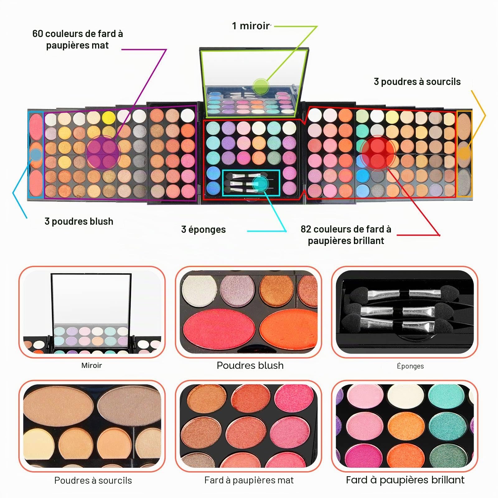 Kit de maquillage, fard à paupières, anti-cernes et fard à joues, assortiment de 148 couleurs mates et brillantes