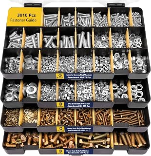 Bonost 3010pcs Nut Bolt Assortment Kit: SAE & Metric Phillips Bolts, Grade 8.8 Hex Bolts, Nuts & Lock Washers in 4 Stackable Trays