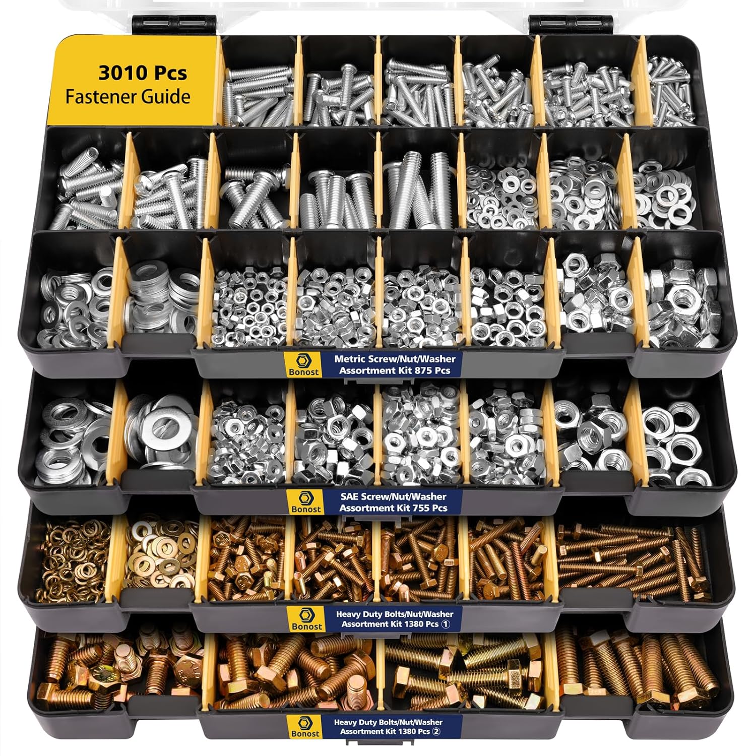 Bonost 3010pcs Nut Bolt Assortment Kit: SAE & Metric Phillips Bolts, Grade 8.8 Hex Bolts, Nuts & Lock Washers in 4 Stackable Trays