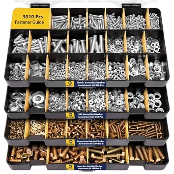 Bonost 3010pcs Nuts and Bolts Kit with Grade 8.8 Metric Hex Bolts, 4 Trays | Bolts and Nuts Kit with Assorted SAE & Metric Phillips Head Bolts, Matching Nuts and Lock Washers