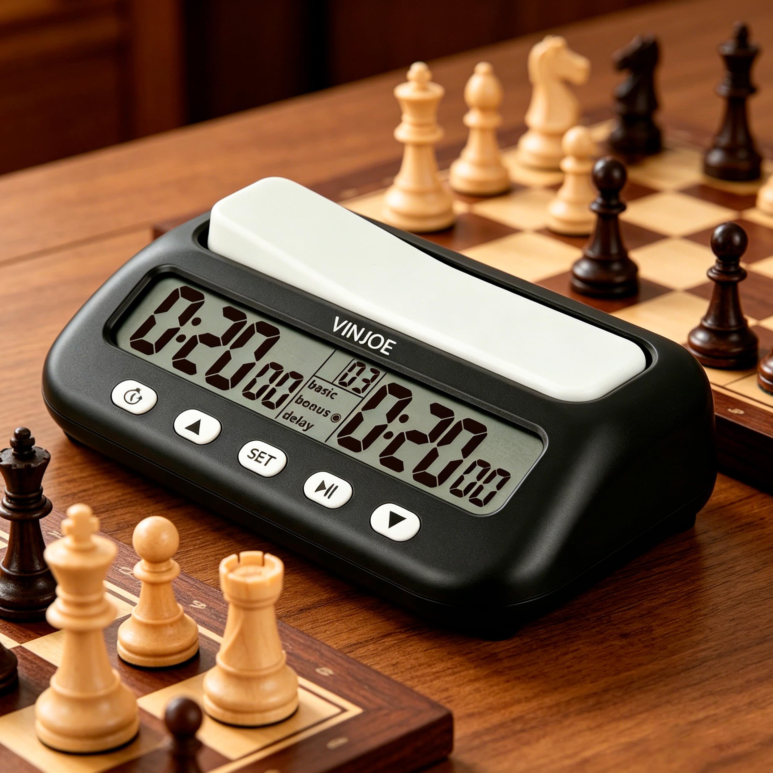 VINJOE Schachuhr, digitaler Schach-Timer, professionell für Brettspiele, tragbare digitale Schachuhr und Spiel-Timer mit Basic, Bonus, Verzögerung und positiver Zeit, beste Geschenke (ohne Batterie)