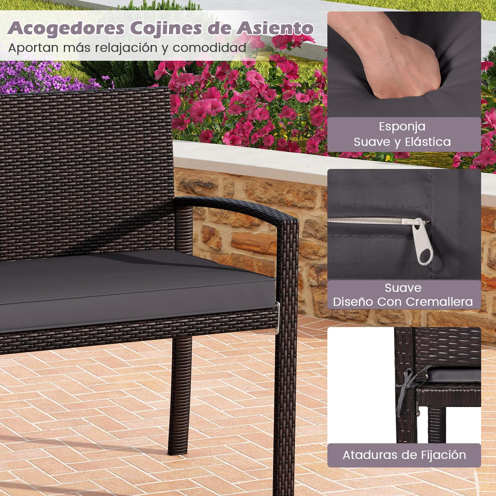 COSTWAY Banco Jardin Exterior de Ratan, 2 Plazas, Banco Exterior con Cojín Acolchado, Respaldo y Apoyabrazos, Estructura Metálica, Terraza Balcon Patio, 110 x 56 x 84 cm, Carga 360kg (Gris)