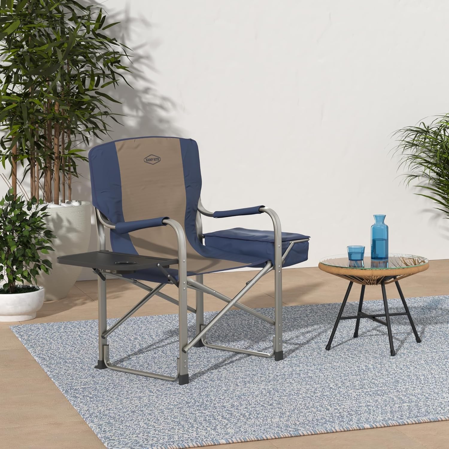 Kamp-Rite Portable Outdoor Beach Patio Lawn Director's Chair w/Cooler, Table, & Cup Holder for Backyard, Tailgate, & Sports, 350LB Capacity, Navy/Tan