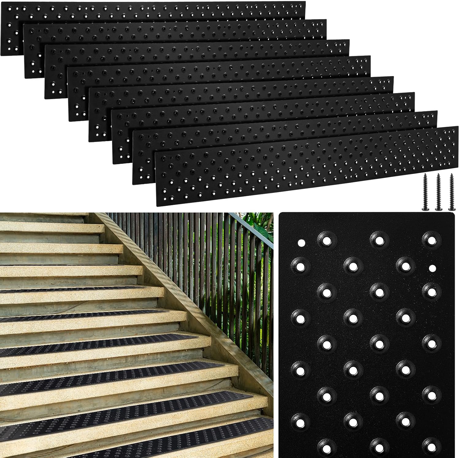Gisafai 8 Pcs Non Slip Aluminum Stair Tread 30 x 3.75 Inch Metal Stair Nosing Powder Coated Anti Slip Outdoor Treads with Carbon Steel Screws, Easy to Install for Wood Ramp Deck Steps (Black)