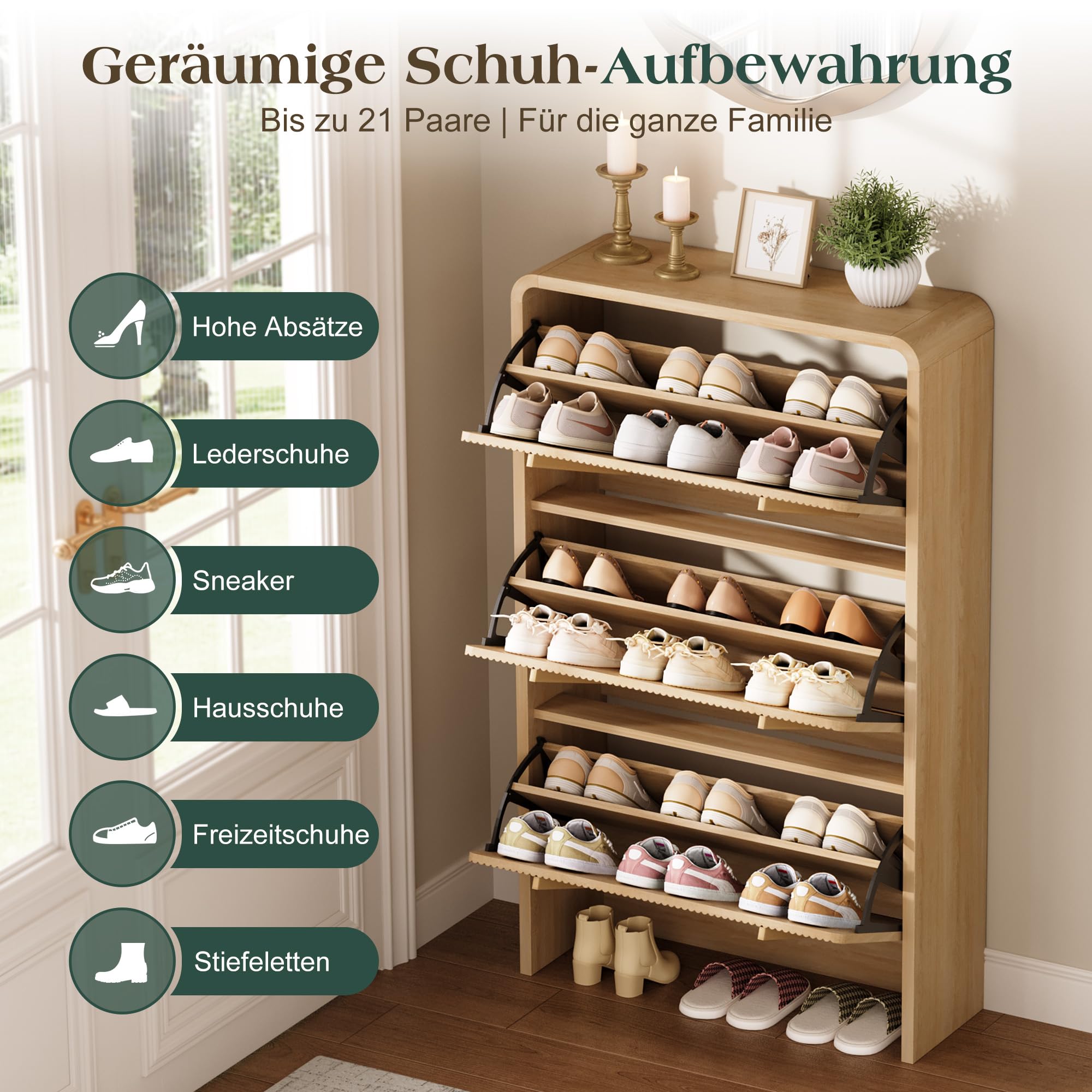 LUXOAK 120 cm Schuhschrank, 3 Klappen, verstellbare Fächer, Sonoma-Eiche | 18-21 Paar Schuhe, Fluted-Oberfläche, Kippsicherung, 25 cm Slim-Design, Schnelle Montage