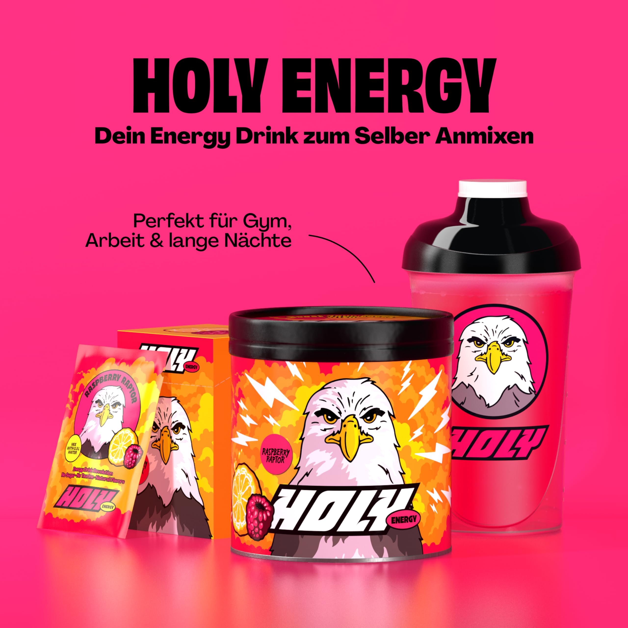 HOLY Energy ‘Raspberry Raptor’ Booster mit Himbeer & Yuzu Geschmack - 50 Portionen mit NewCaff & Grüntee Extrakt - Energydrink in Pulverform - Vegan mit 100% natürlichen Fruchtaromen
