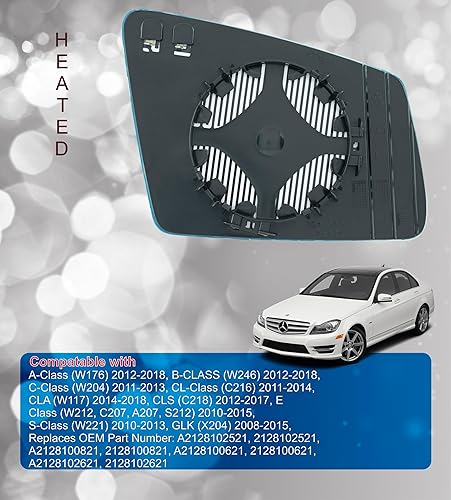 Miniatura 4 de EAP Cristal de repuesto para espejo lateral del pasajero compatible con Mercedes A B C CL CLA CLS E S GLK, calentado, A2128102521, A2128100621