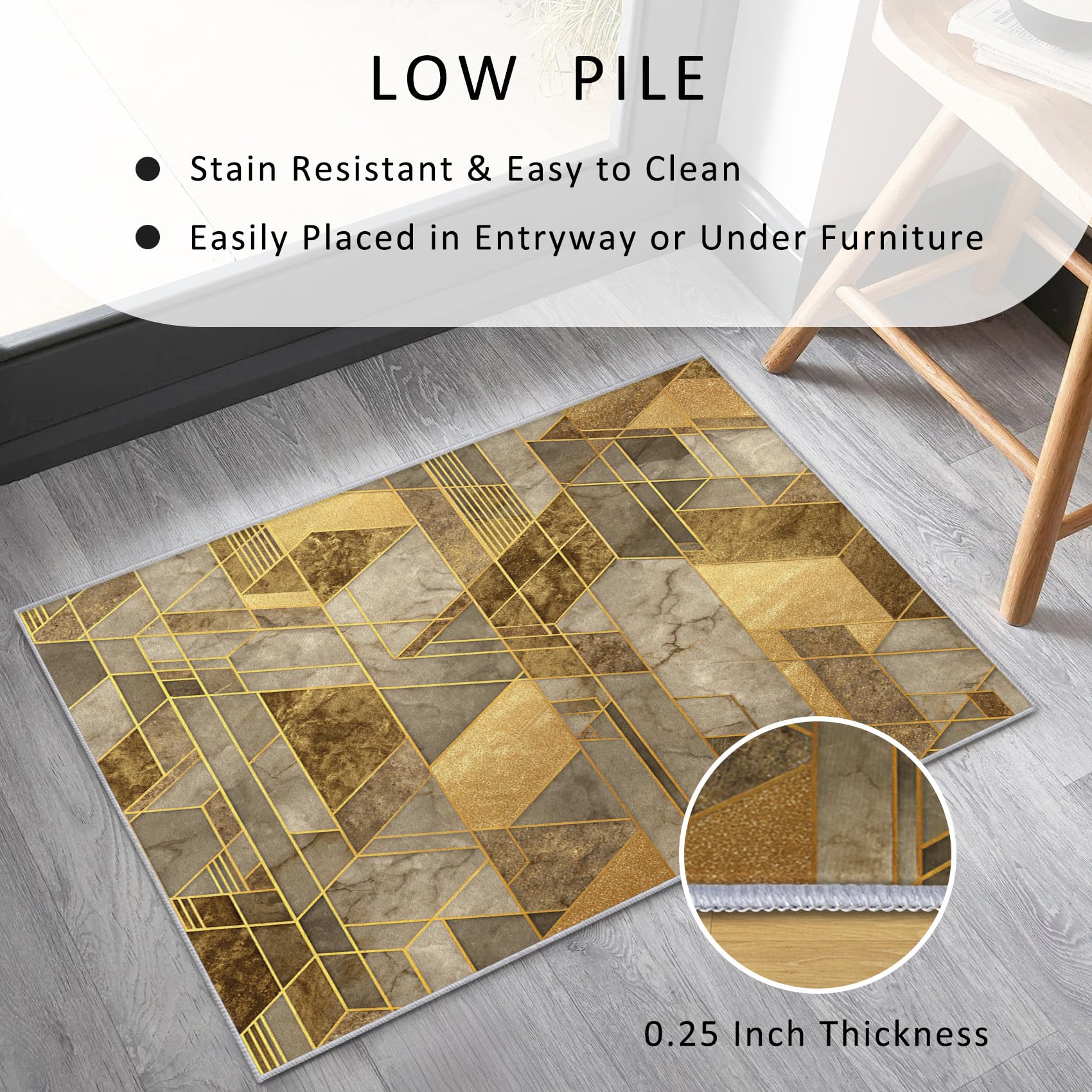 Marmor Teppich 200 x 200 cm Wohnzimmer Mit Gold Gelb Modern Geometrisch Muster, Marmor Bettvorleger Schlafzimmer Deko, Waschbar Teppiche Gegend Kurzflor rutschfest