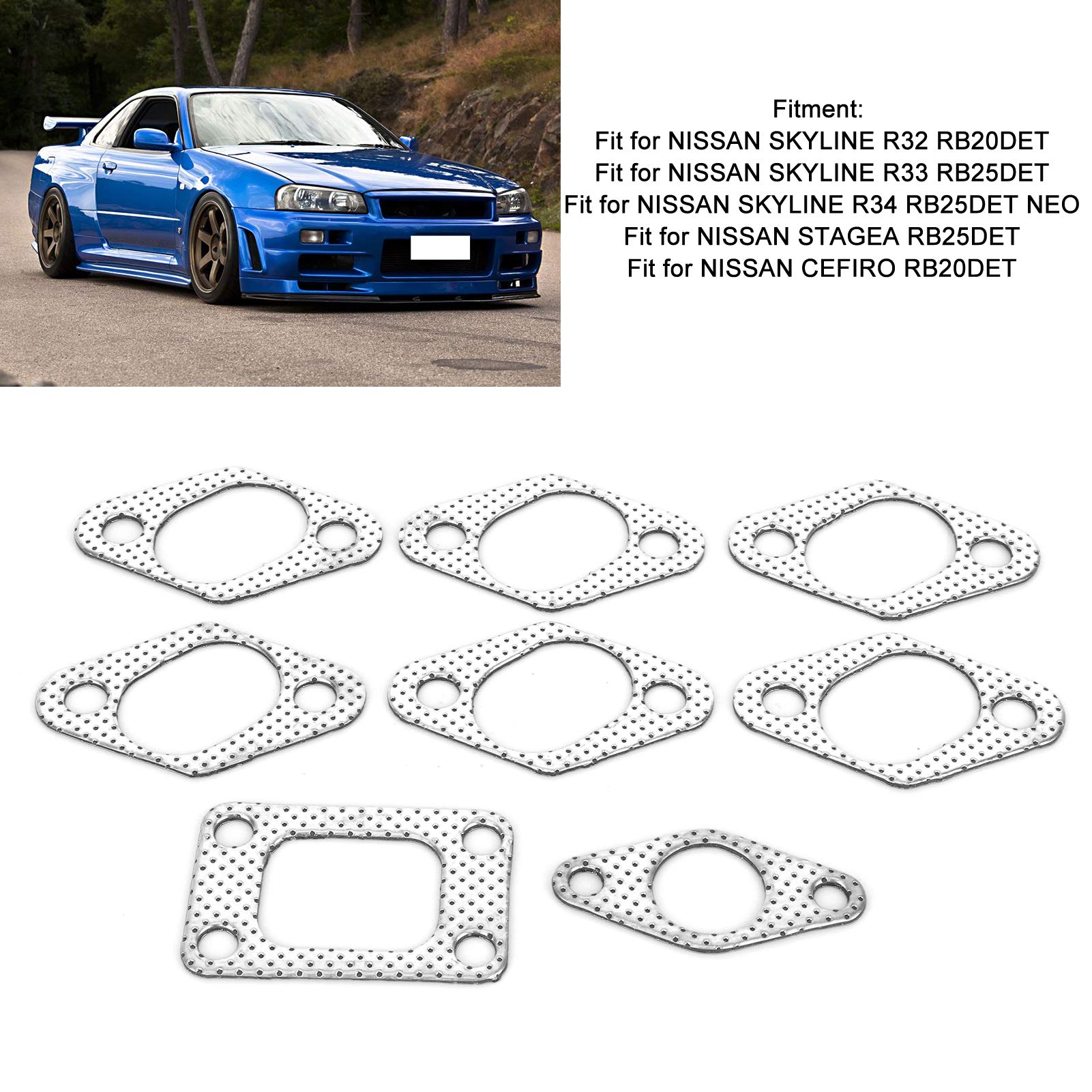 Guarnizione collettore di scarico, 8 pezzi Set guarnizioni collettore di scarico auto per SKYLINE R32 RB20DET / R33 RB25DET Guarnizione collettore di uscita