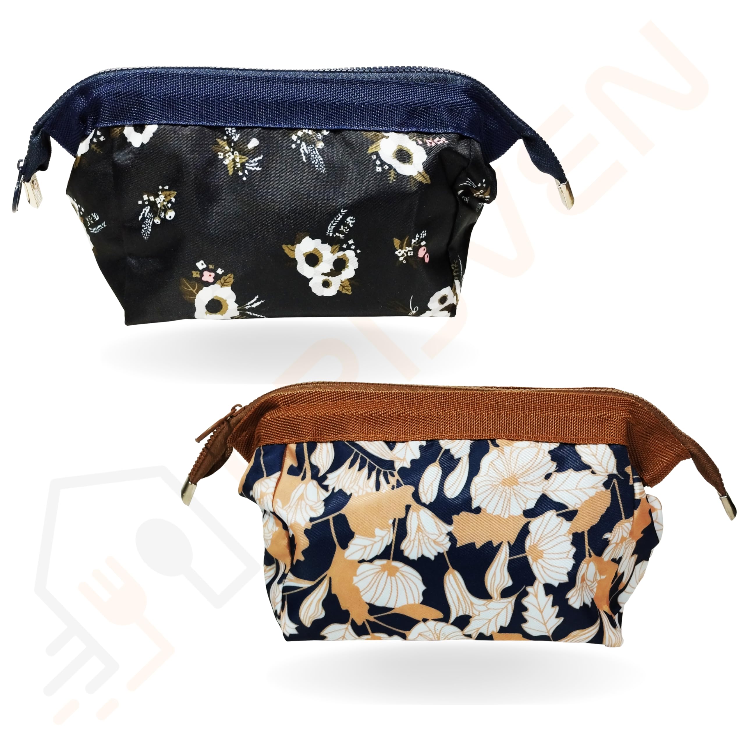 Print Design 9cms Cosmetic Makeup Pouch, Women's Toiletry Storage Organizer Purse, Grooming Kit Small Makeup Case, Travel Bag (Brown + Navy Blue)-image-0