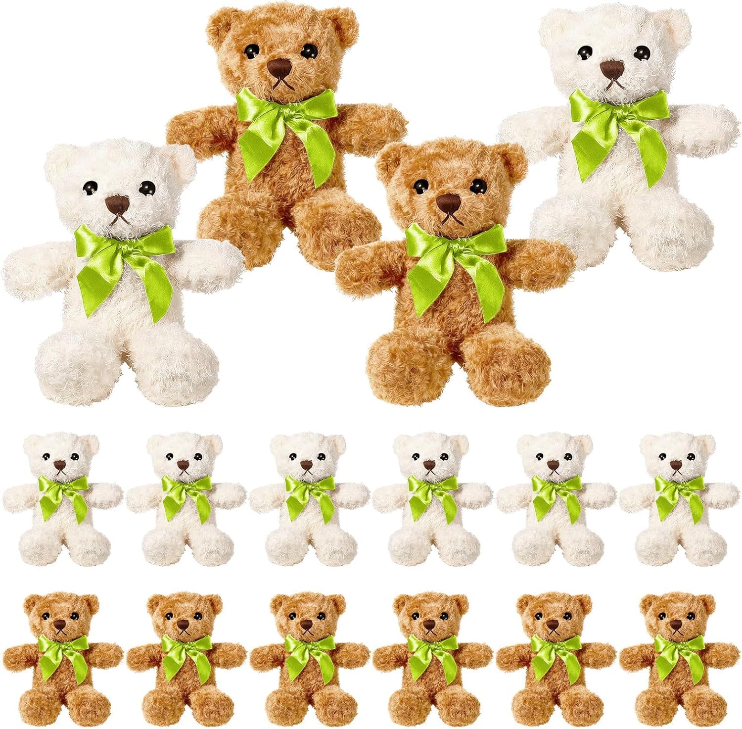 Juego de 16 osos de peluche de 25 cm, pequeños osos de peluche en color marrón claro y blanco con lazo, peluches suaves para abrazar, ideas de regalo y decoración de fiestas para cumpleaños