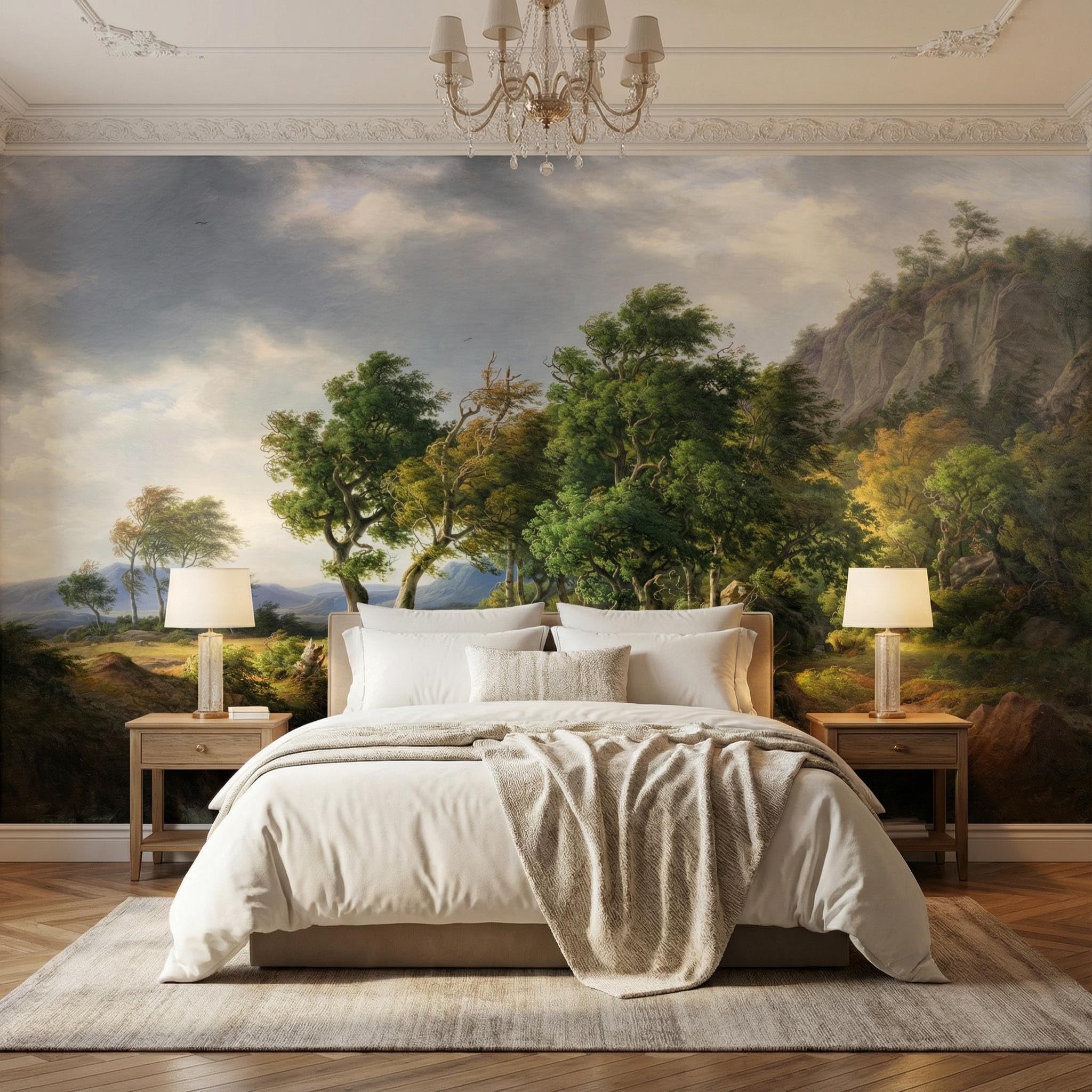 Sunny Graphics Print Forest River Photo Mural Printed Nature Wallpaper Wall Covering with Trees Mountains Waterfall Landscape Painting Wall Decoration Poster