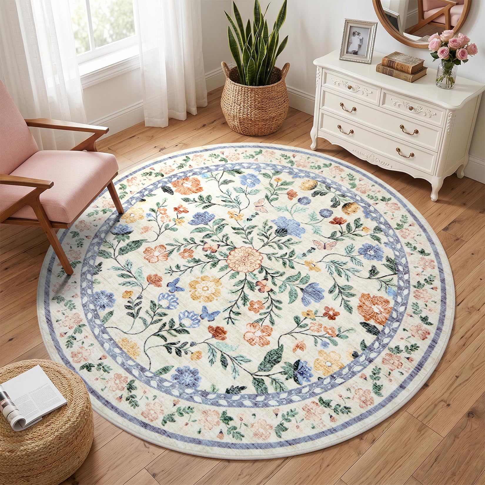 CAROMIO Washable Distressed Vintage Floral Round Rug 120cm, Green