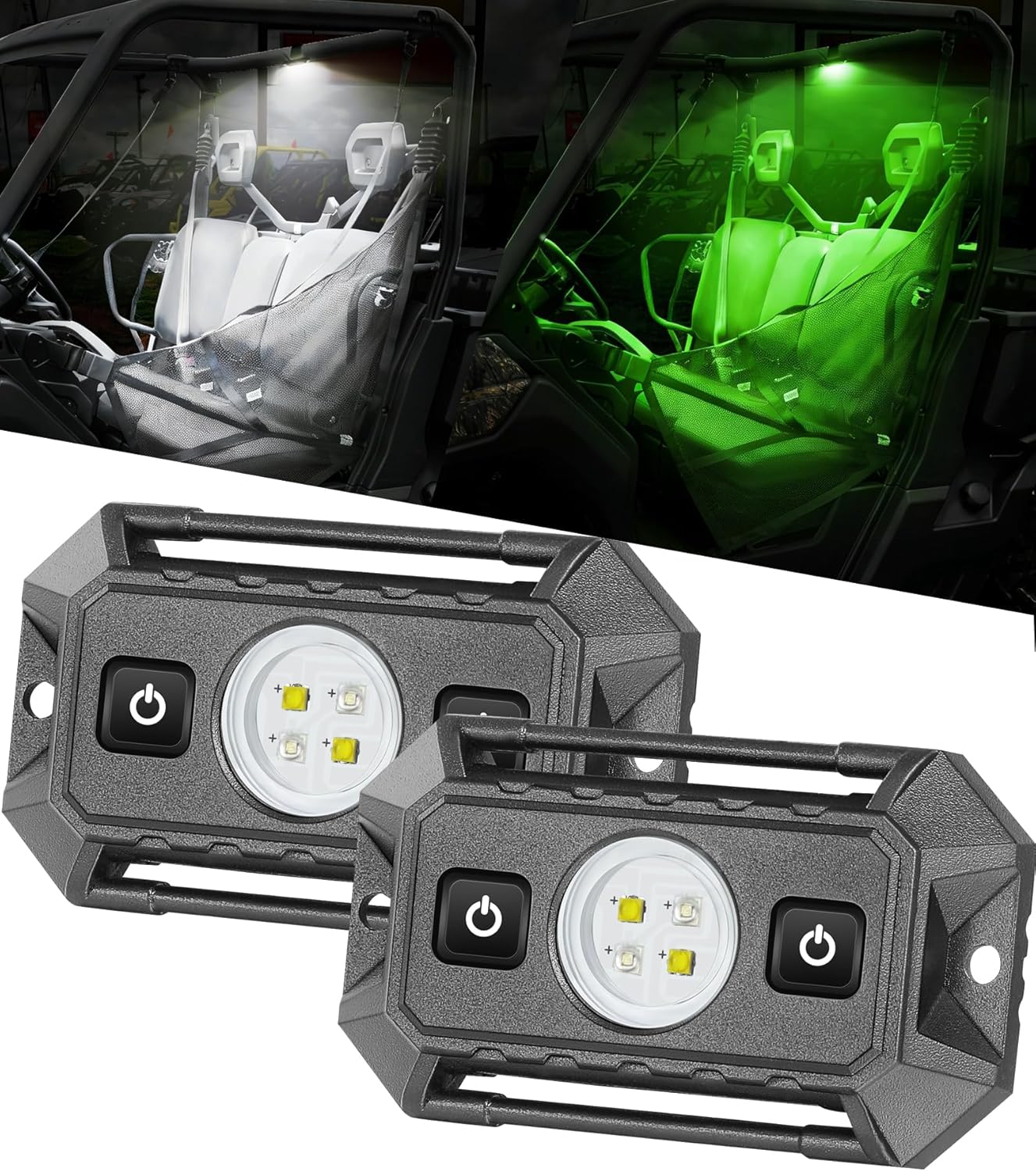 UTV Interior Dome Lights 12V Wired, Rfroad Lighting Universal Roll Bar Mount LED Lights Roll Cage Map Light Interior Lights for UTV ATV Golf Cart Trucks Bed RZR Polaris Off-Road - White/Green 2 Packs