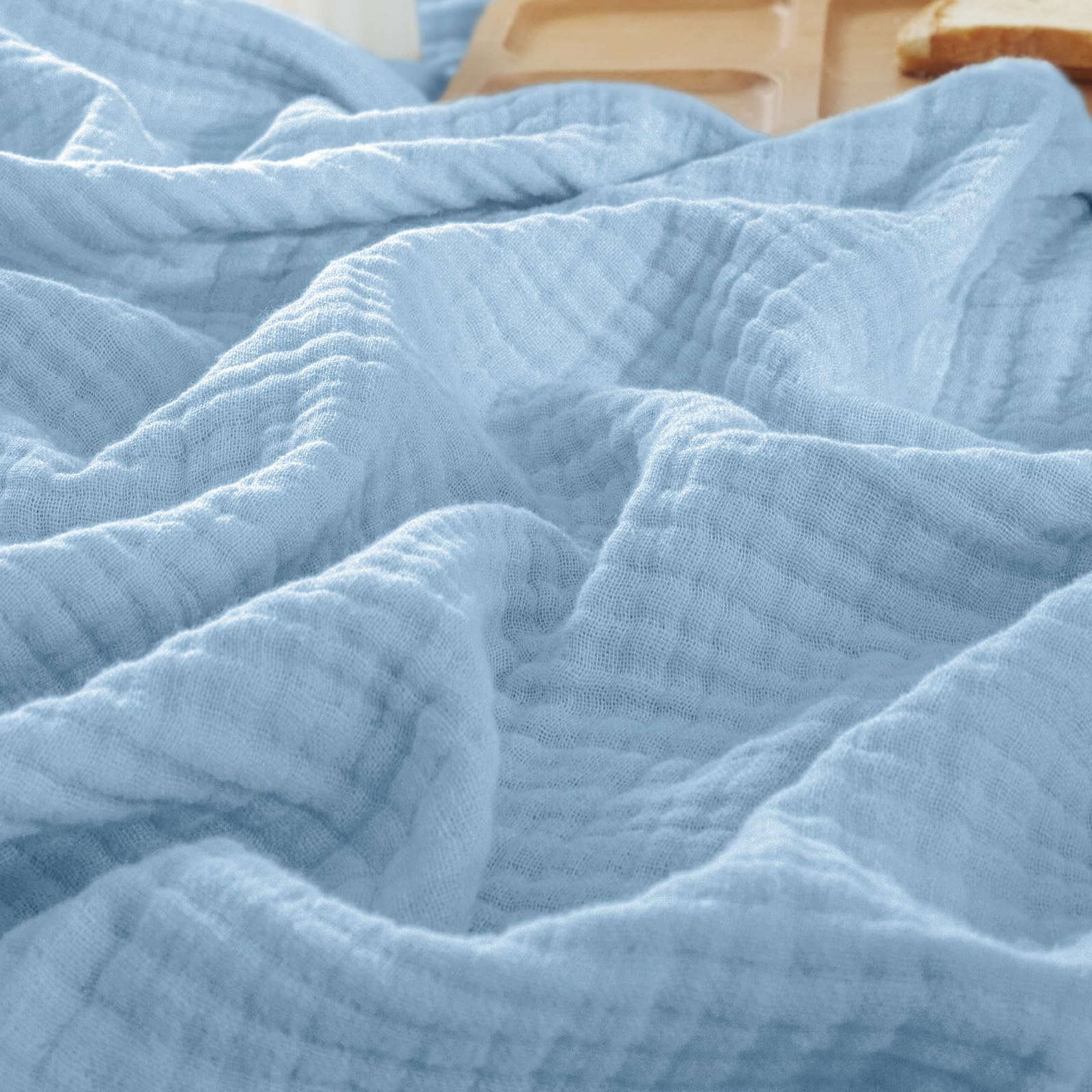 phf 100% cotton muslin blanket king size 108"x90", 4-layer lightweight gauze throw, breathable cloud-soft minimalist blanket for bed, couch, camping & baby, sky blue, ideal gift