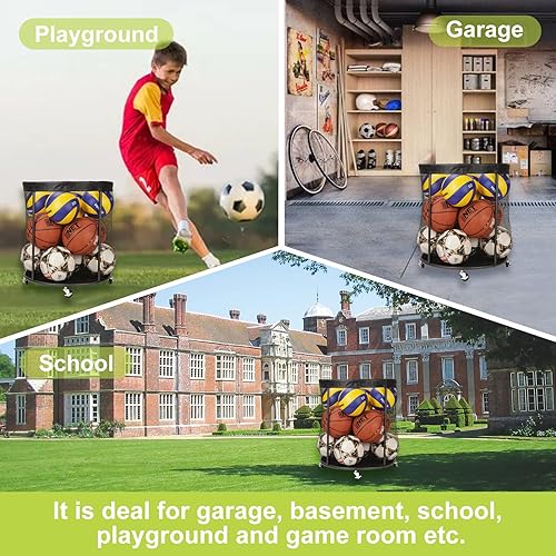 Miniatura 2 de Organizador de equipo deportivo para garaje, soporte de pelota de malla para fútbol, baloncesto, voleibol, béisbol, carrito de pelota de 48 galones
