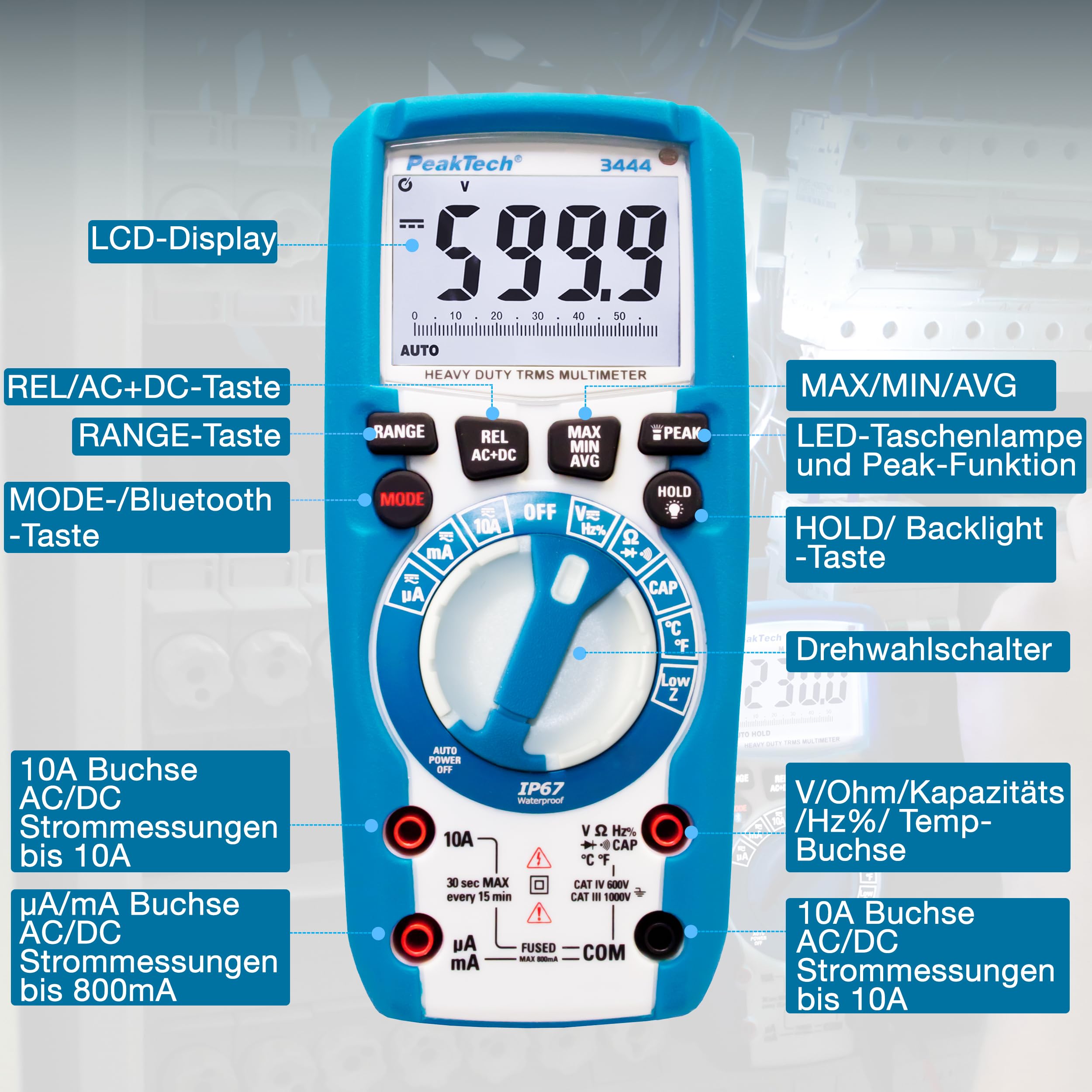 PeakTech P 3444 True RMS Multimeter Digital - (IP67) Wasserdichter Spannungsprüfer & Strommessgerät - 6000 Counts - Extrem Robustes Gehäuse mit LED-Lampe - Durchgangsprüfer, Messgerät - CAT III 1000 V