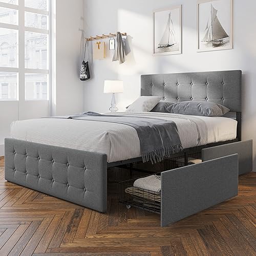 Base de cama matrimonial con almacenamiento, marco de cama gris matrimonial con cajones, base de cama tapizada con cabecera y listones de madera, no