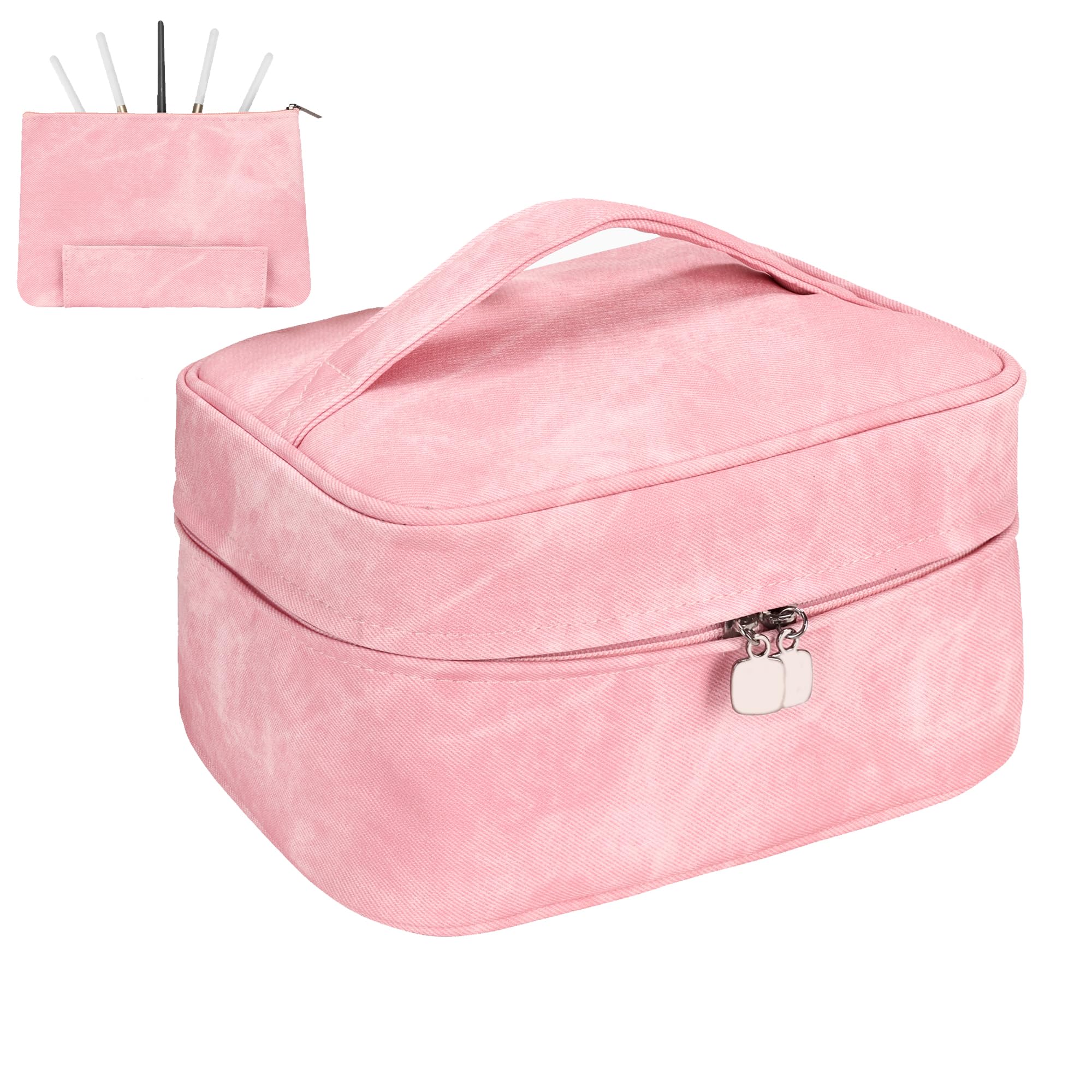 Yuilgdo Makeup Bag, Portable Cosmetic Bag, Large Capacity Travel Makeup Case Organizer,Stylish Denim-Look Toiletry Bag for Women Girls With Handle and